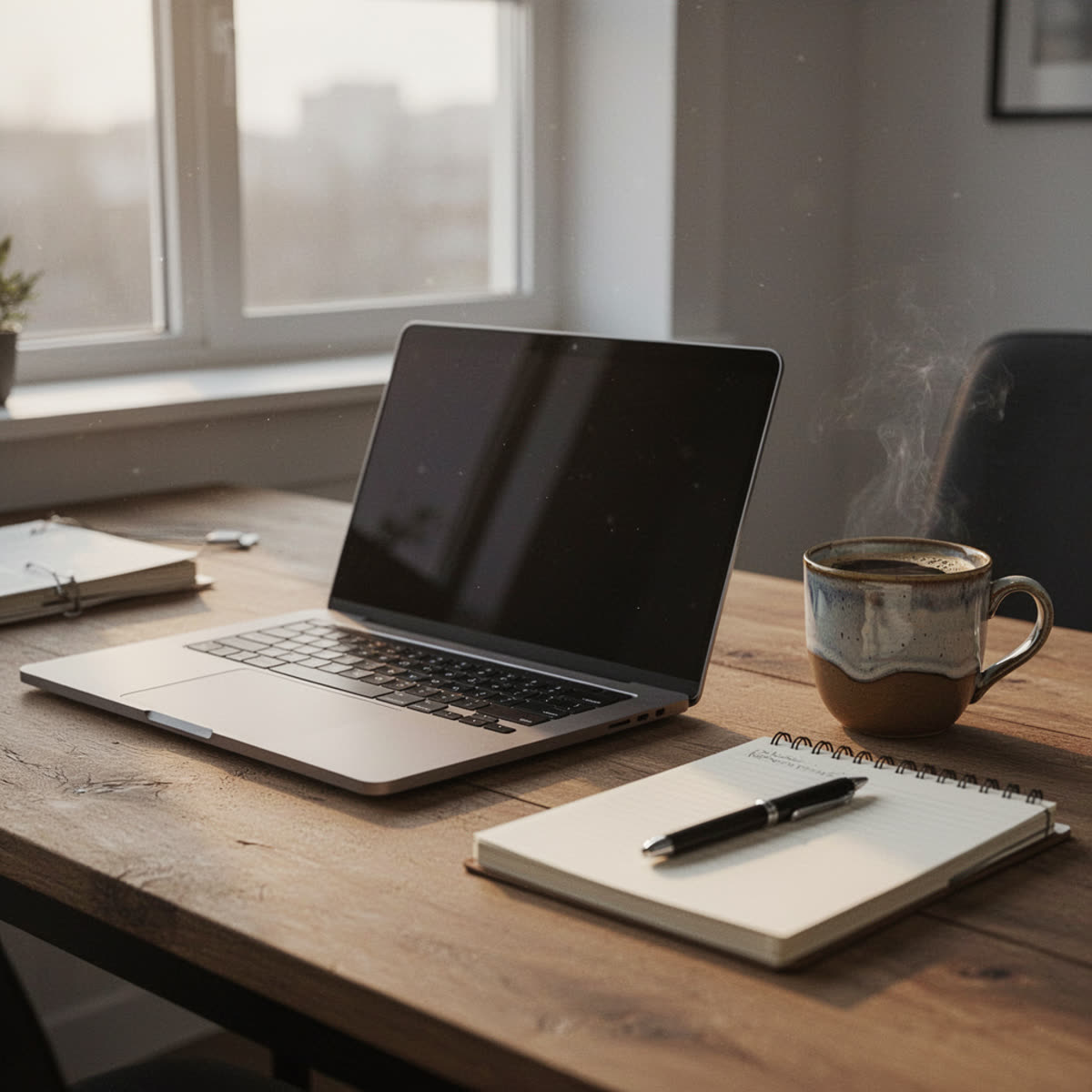 Input desk scene with a coffee cup