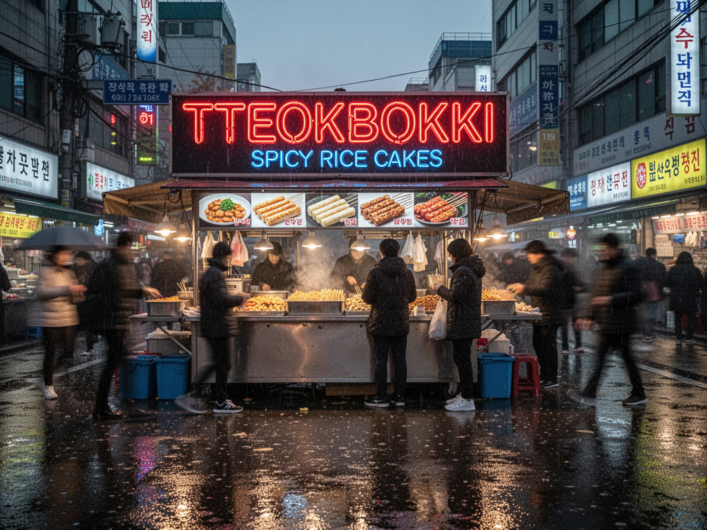 FLUX.2 Dev Turbo output: photoreal tteokbokki stall