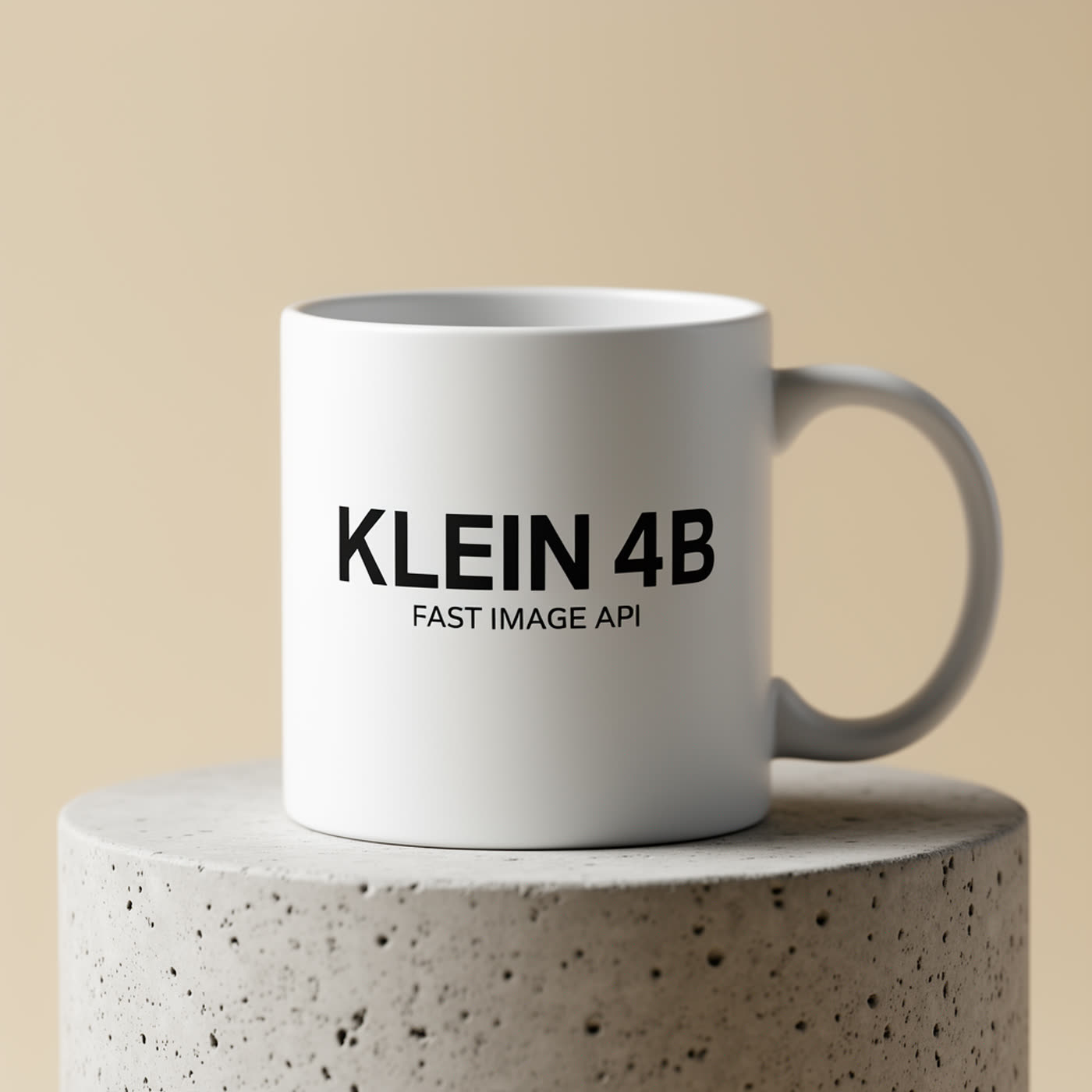 AI-generated studio product photo of a white mug with KLEIN 4B and FAST IMAGE API text