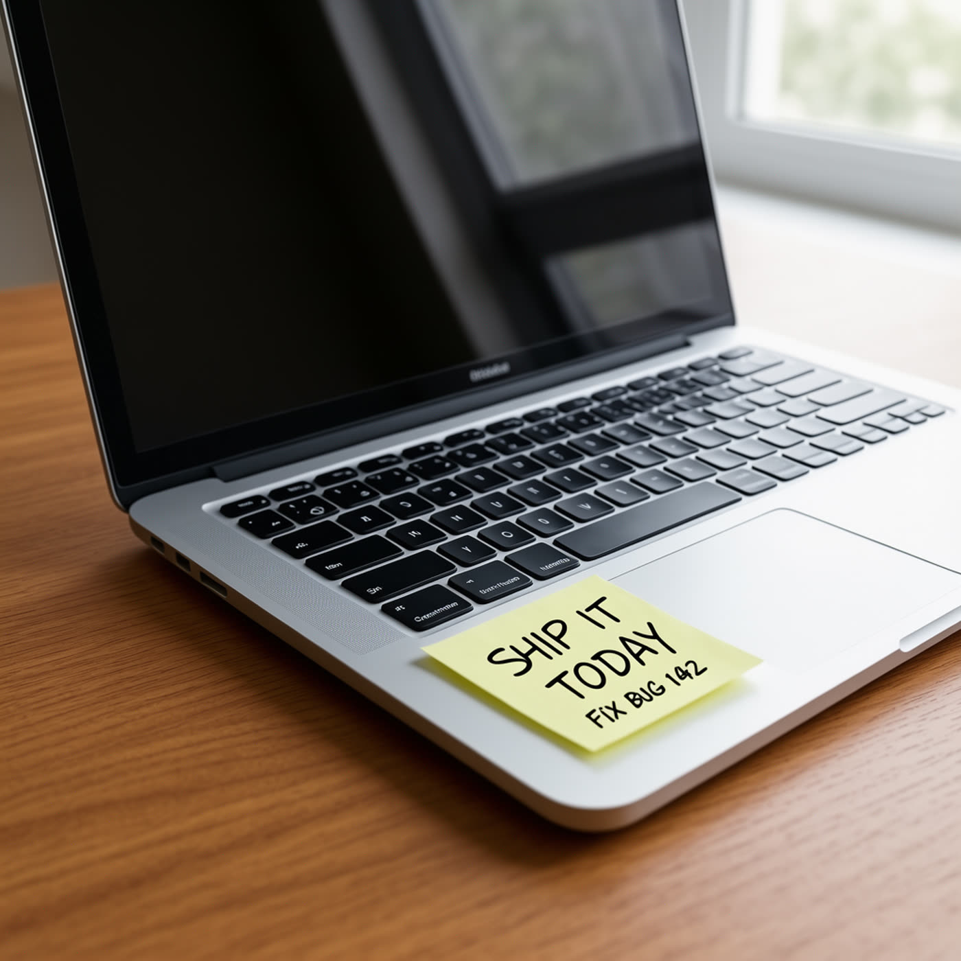 AI-generated laptop desk scene with sticky note that says SHIP IT TODAY and FIX BUG 192