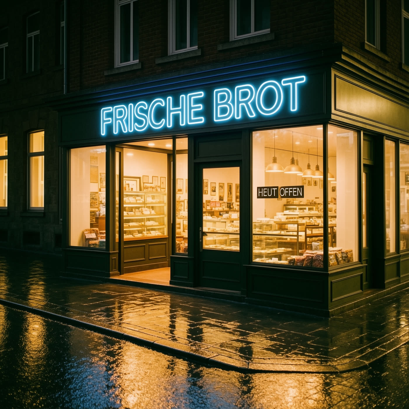 AI-generated night bakery storefront with neon FRISCHE BROT sign
