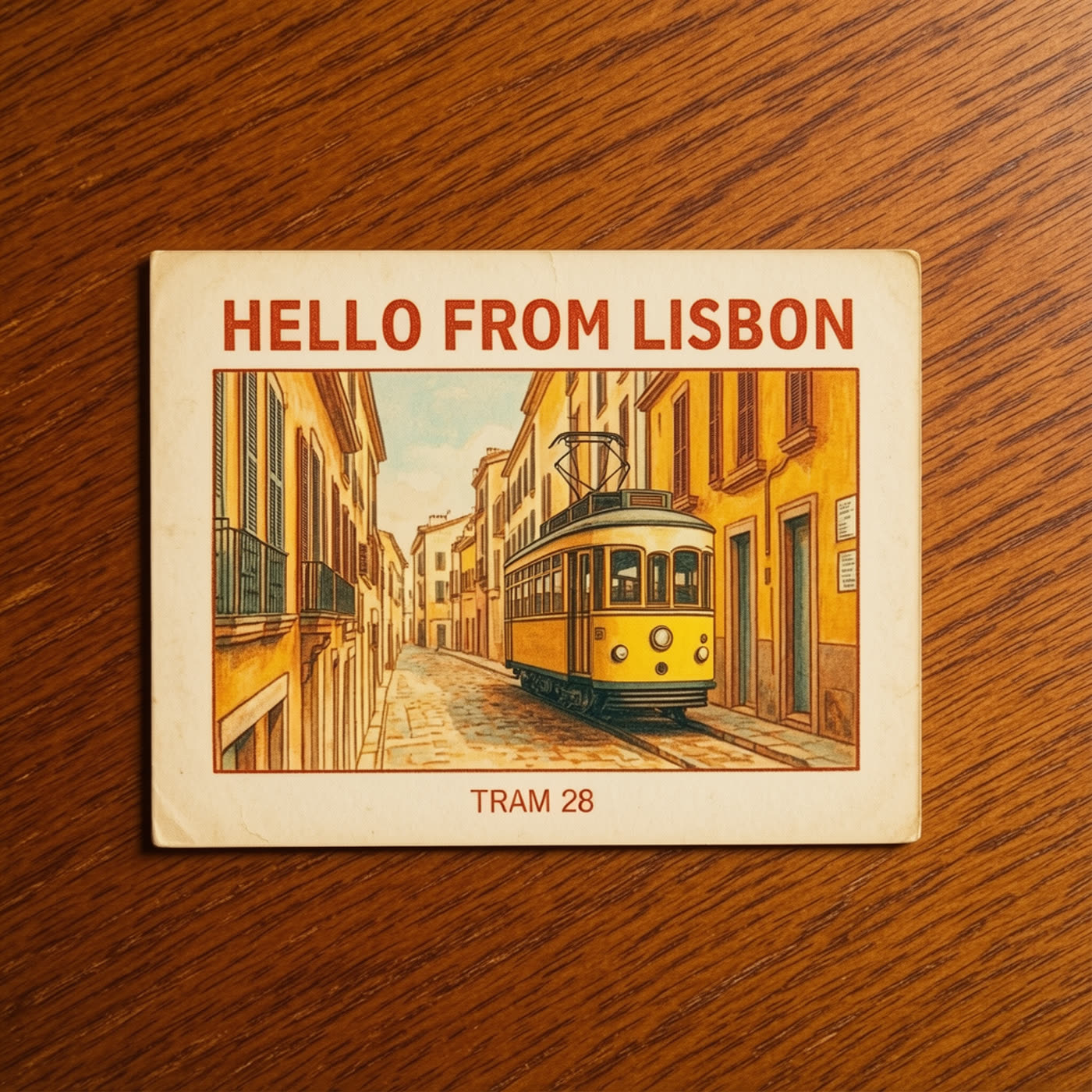 AI-generated Lisbon tram postcard with HELLO FROM LISBON and TRAM 28 text