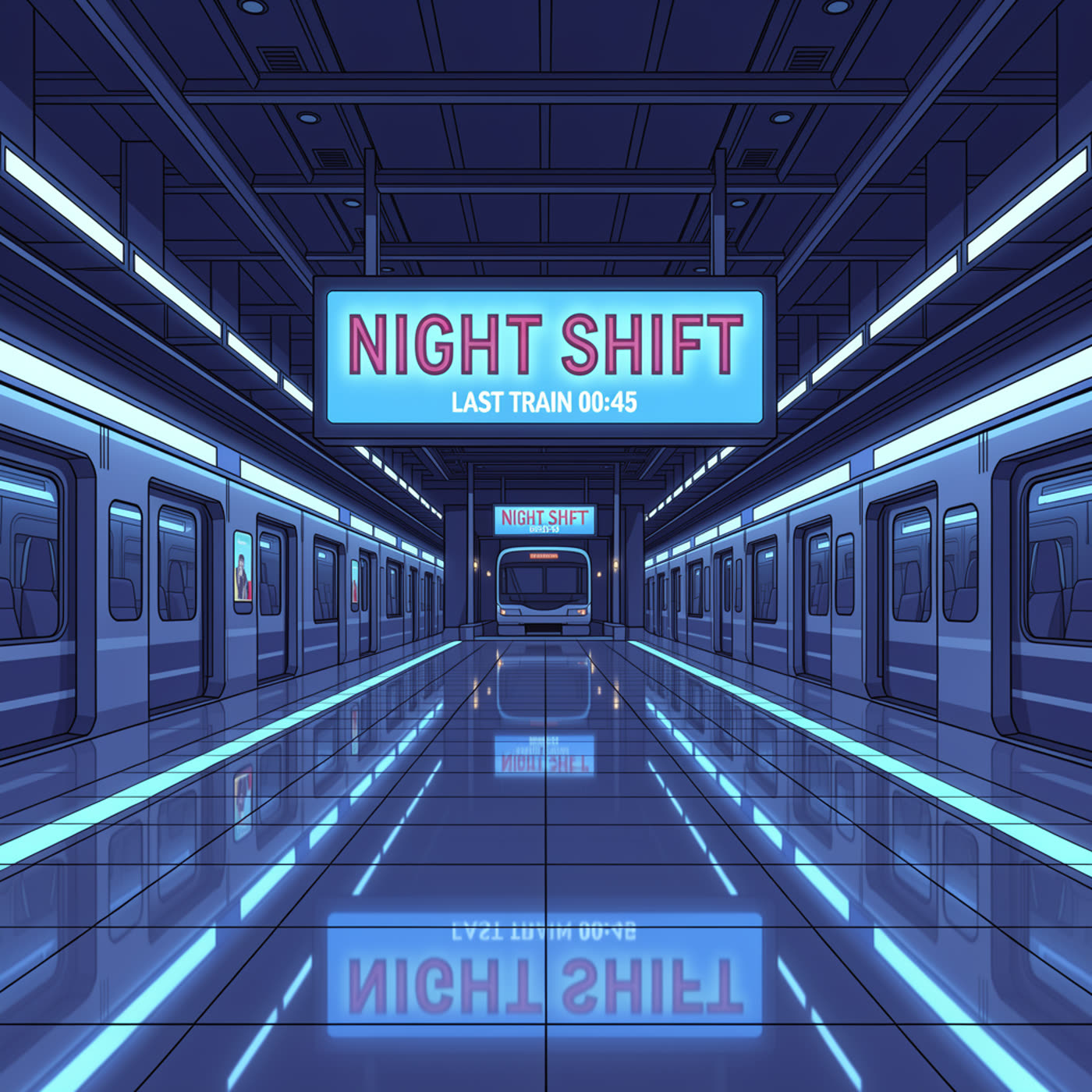 FLUX.2 Klein 9B output: anime style subway station at night with neon billboard NIGHT SHIFT
