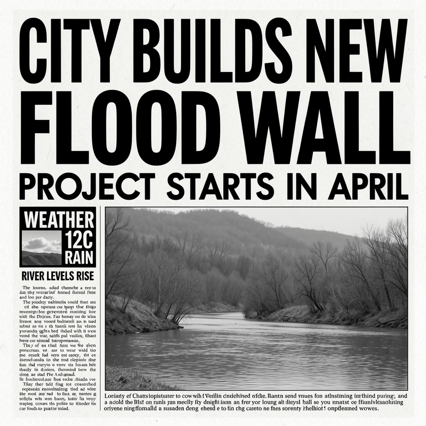 FLUX.2 Klein 9B output: black and white newspaper front page with headline CITY BUILDS NEW FLOOD WALL
