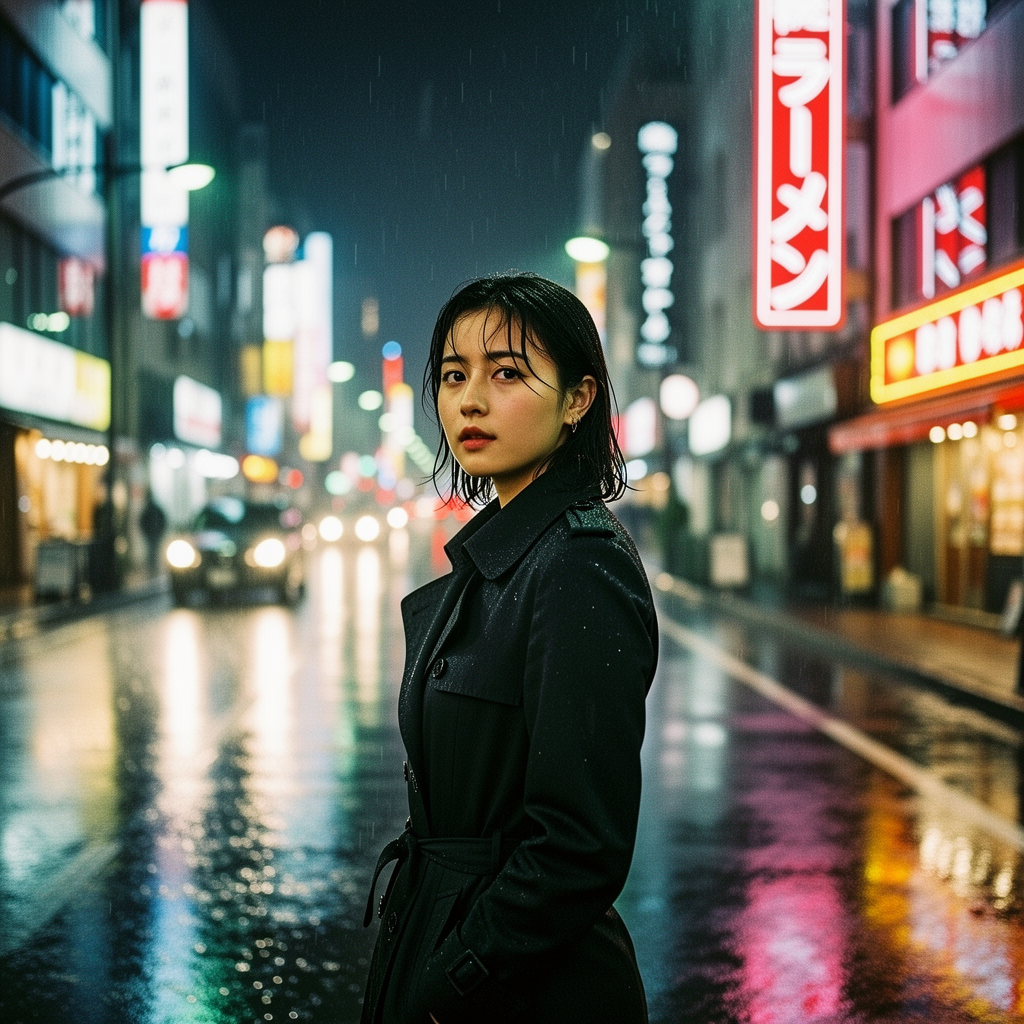 FLUX.2 Flex cinematic portrait in Tokyo with neon ramen sign