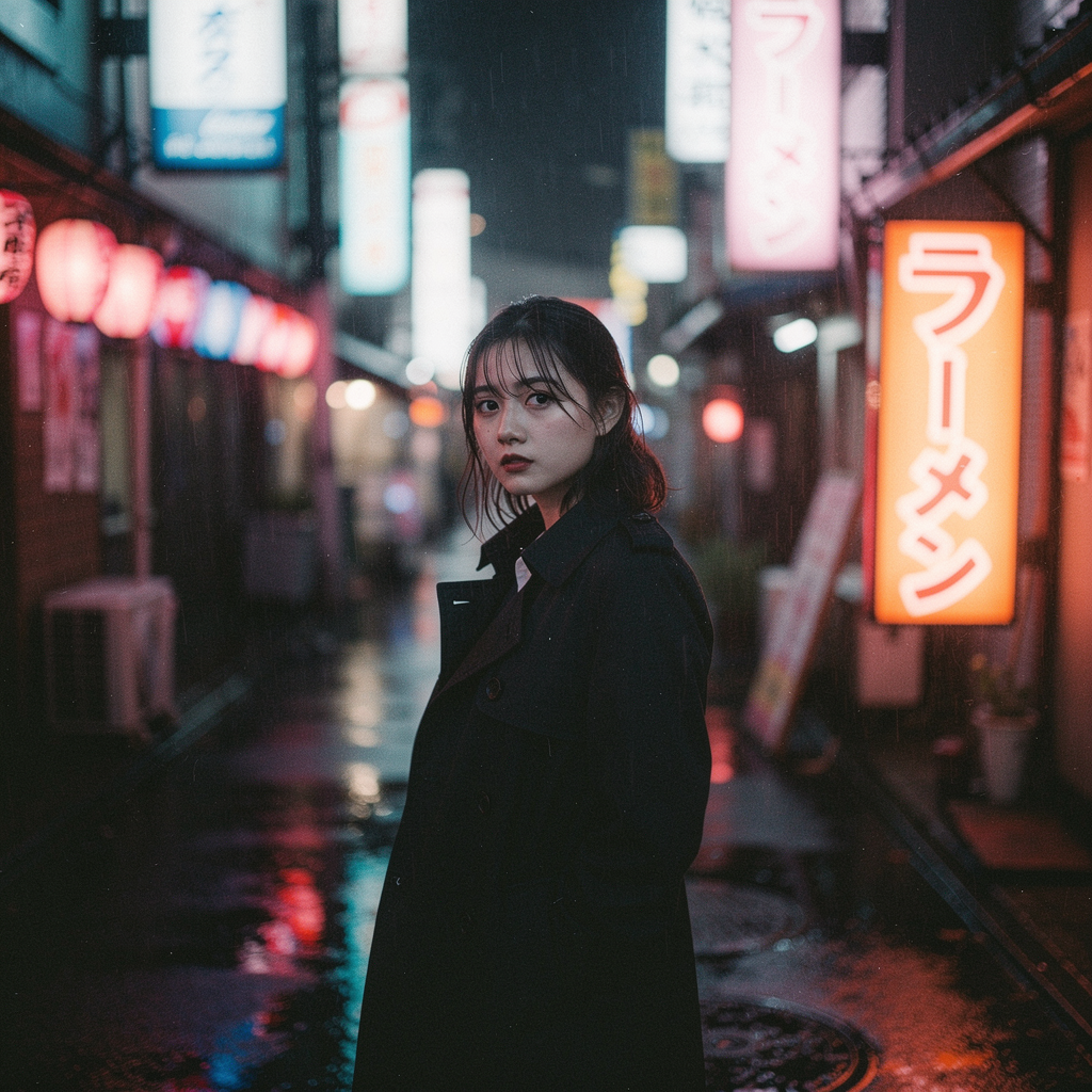 FLUX.2 Pro cinematic portrait in Tokyo with neon ramen sign