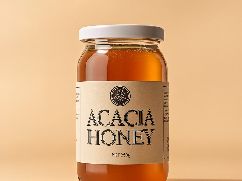 GLM-Image output: jar of honey labeled ACACIA HONEY