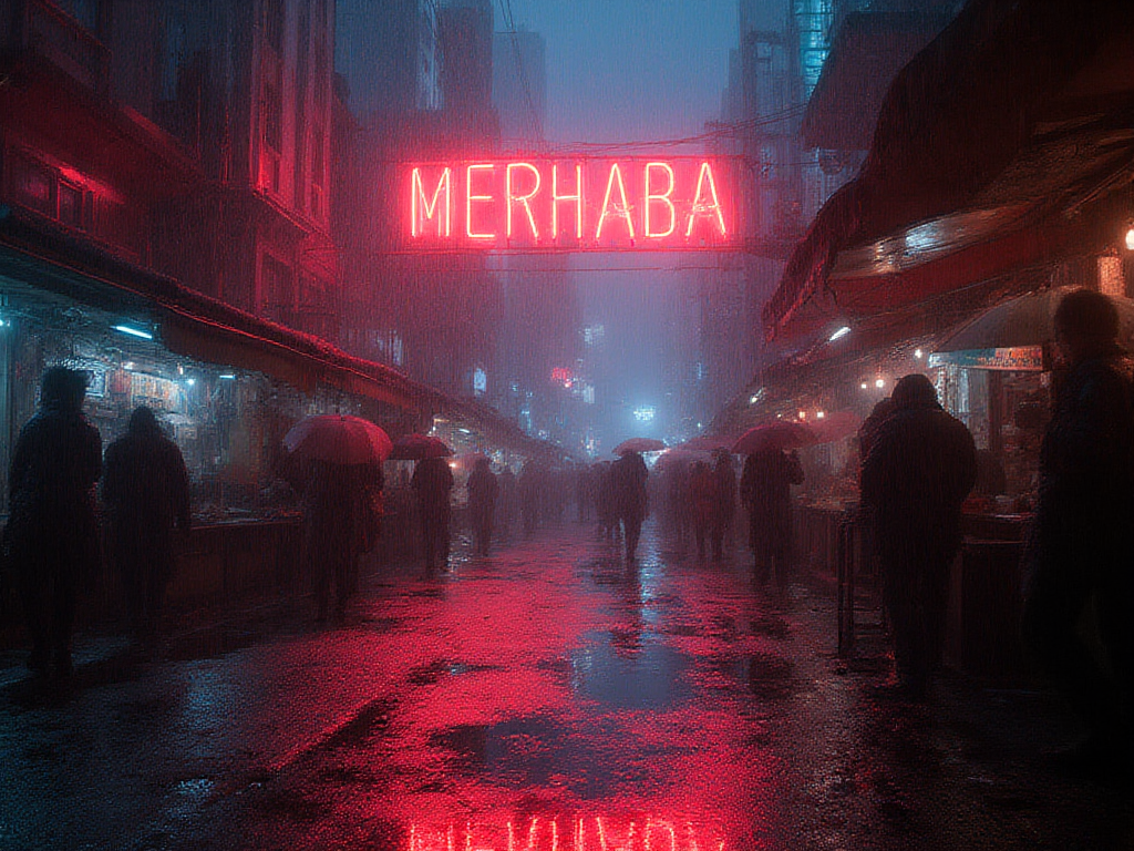 Rainy futuristic night market with a neon sign that says MERHABA
