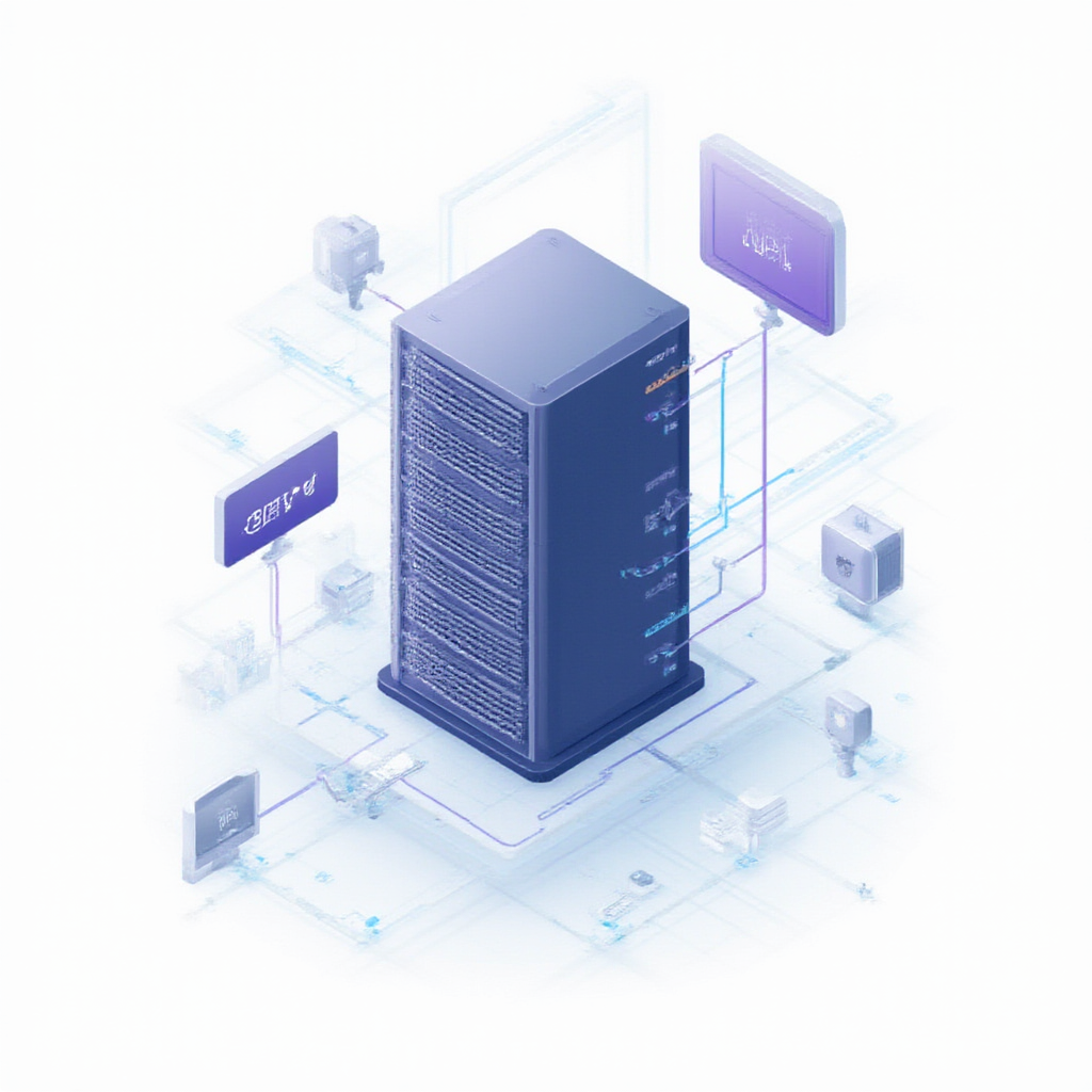 Isometric diagram of a server rack and GPU cluster with labels GPU API DB