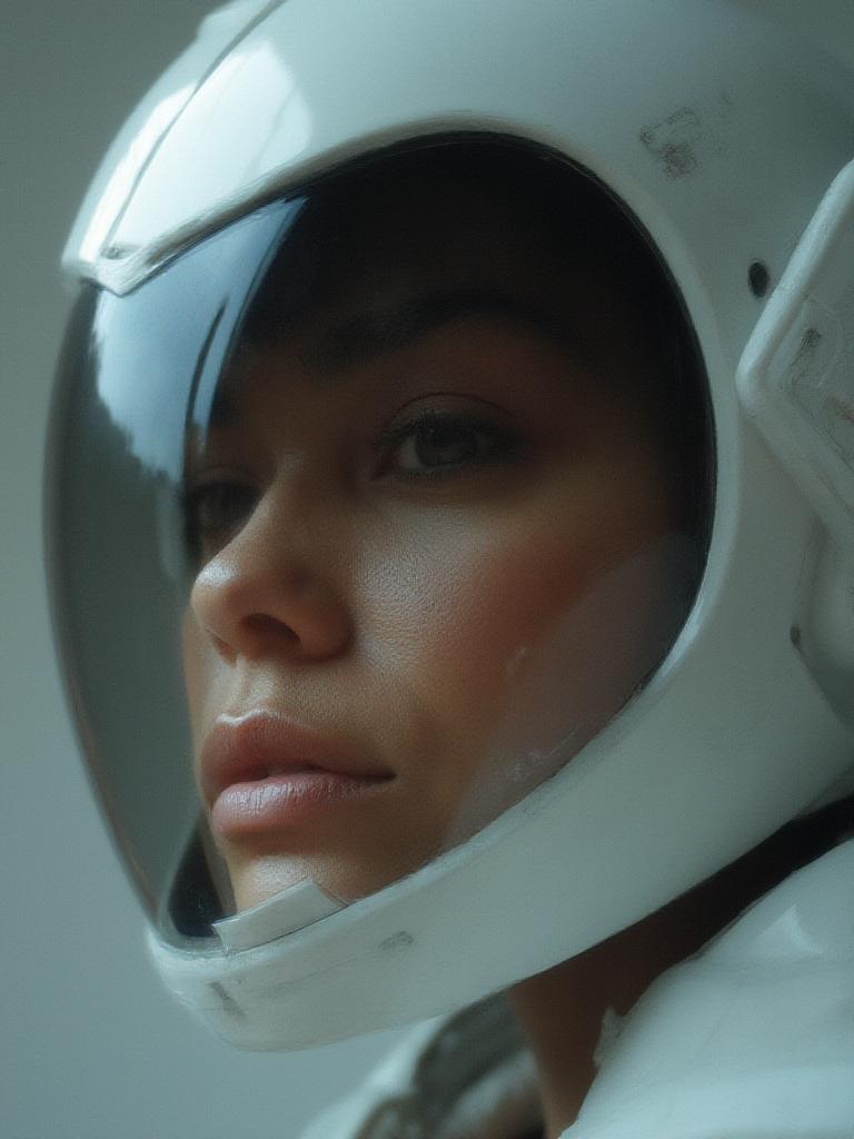 Studio portrait of a person wearing a futuristic helmet visor