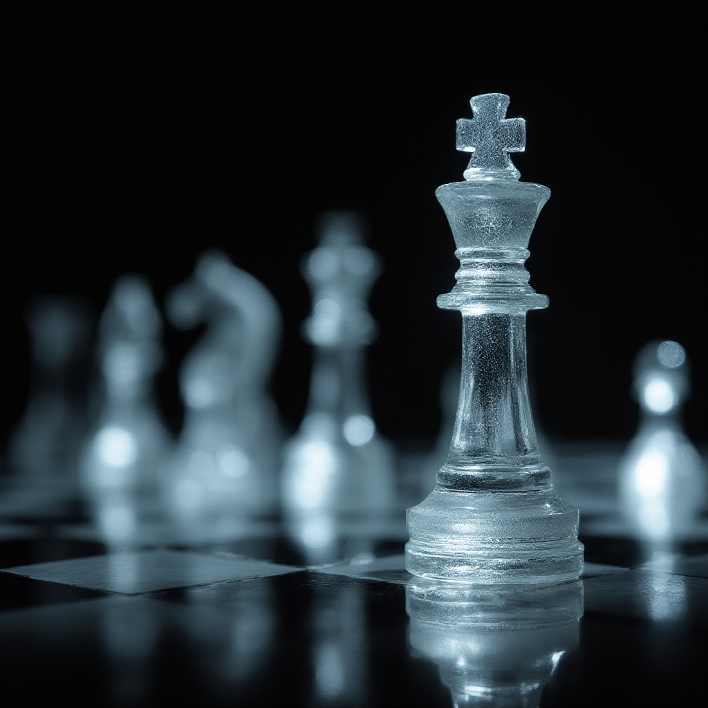 Glass chess set on a reflective black table with dramatic lighting