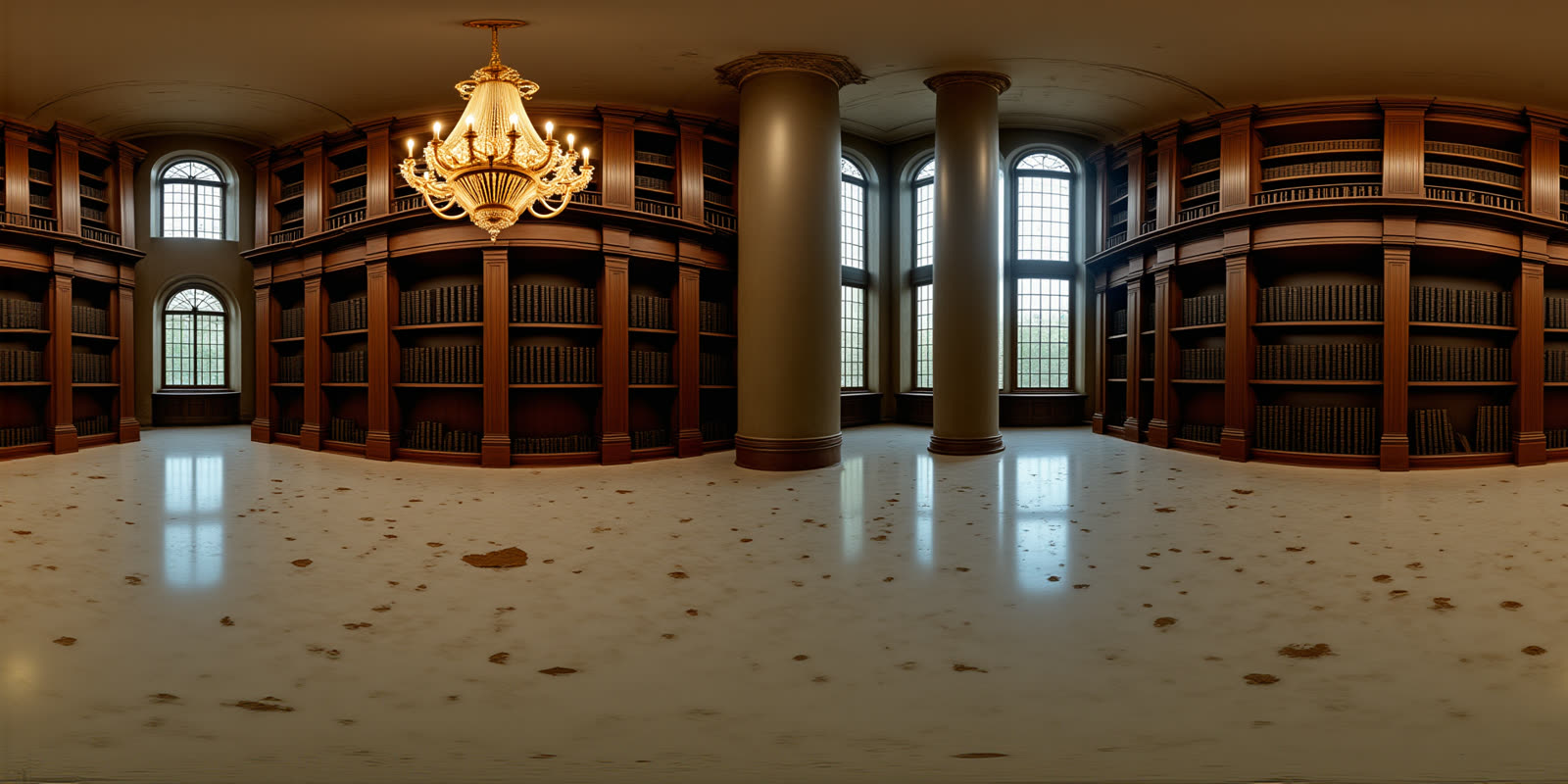 Equirectangular panorama of an abandoned library hall with towering bookshelves and chandelier