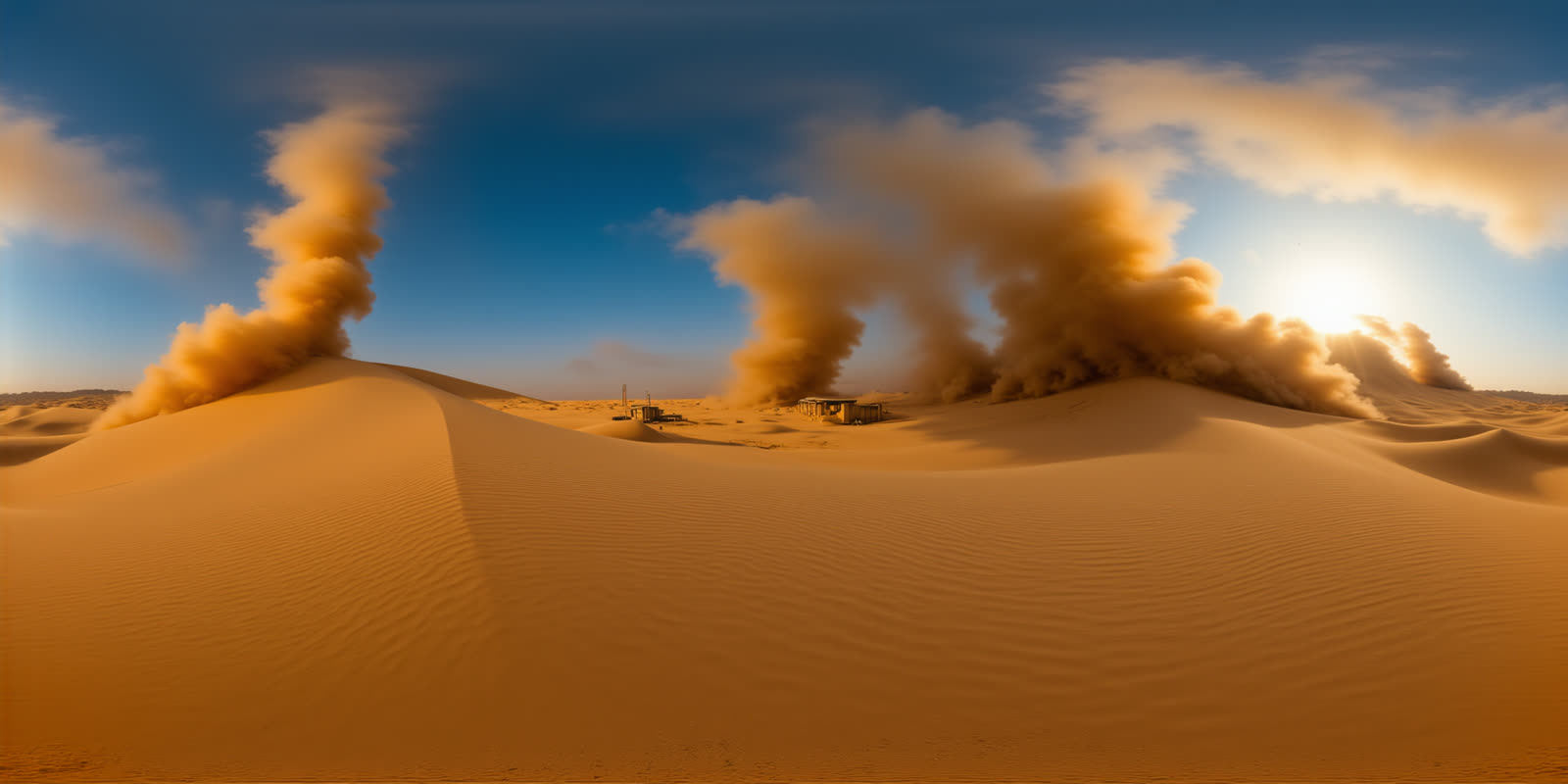 Panoramic desert sandstorm scene with dunes and hazy sun