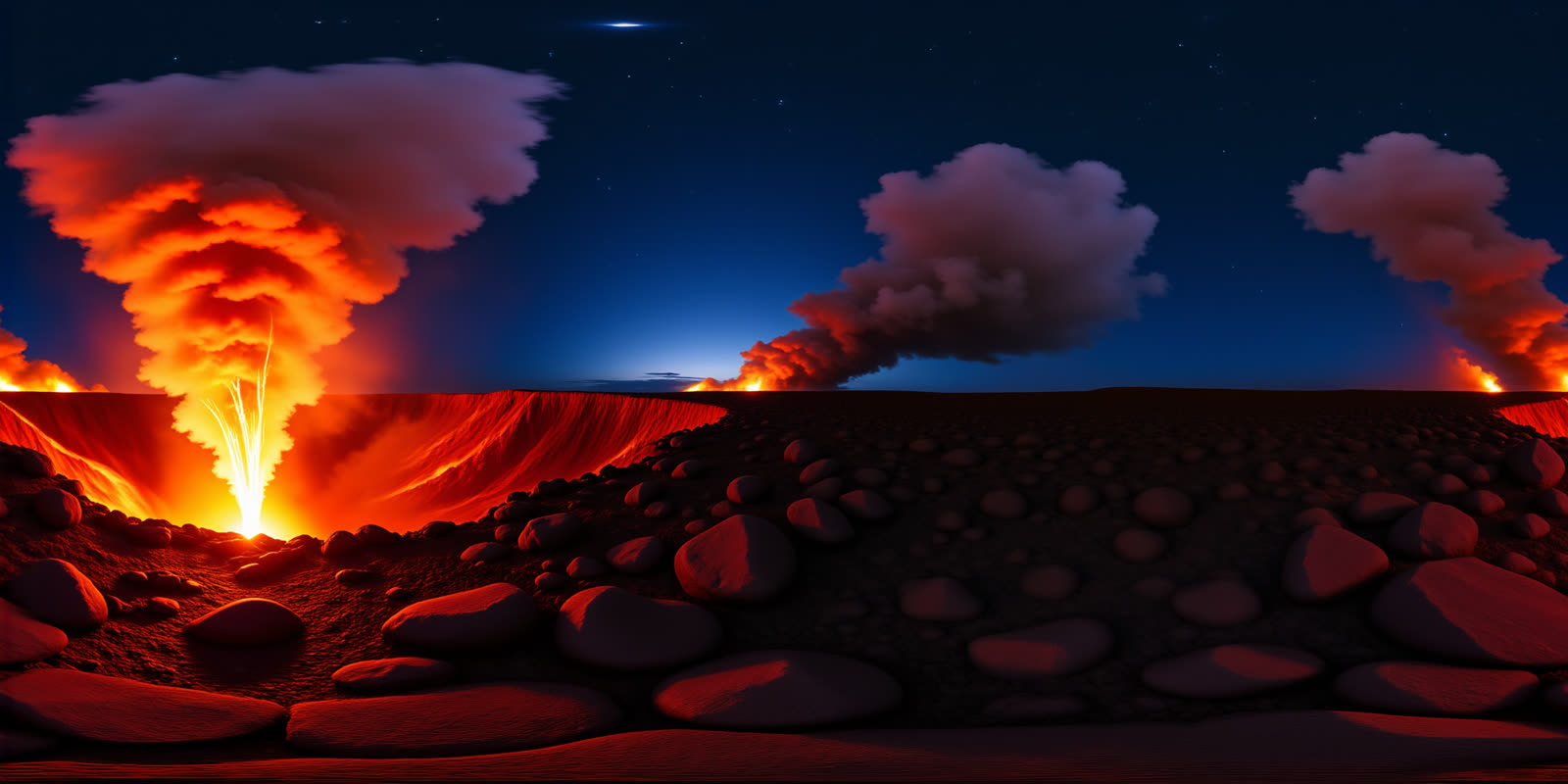 Night volcano eruption panorama with lava and ash plume