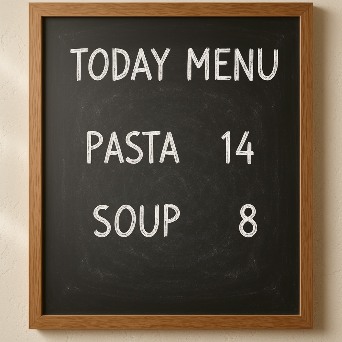 Before: menu showing PASTA 14 and SOUP 8