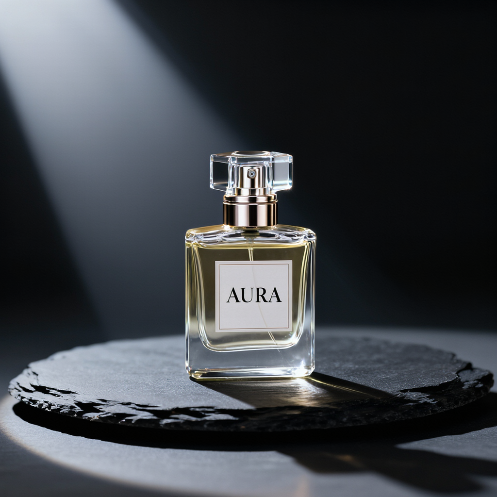 Perfume bottle on black slate with label text AURA