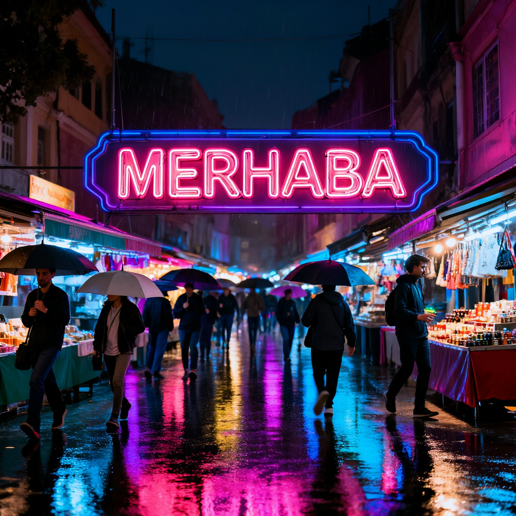 Rainy futuristic night market with a neon sign that says MERHABA