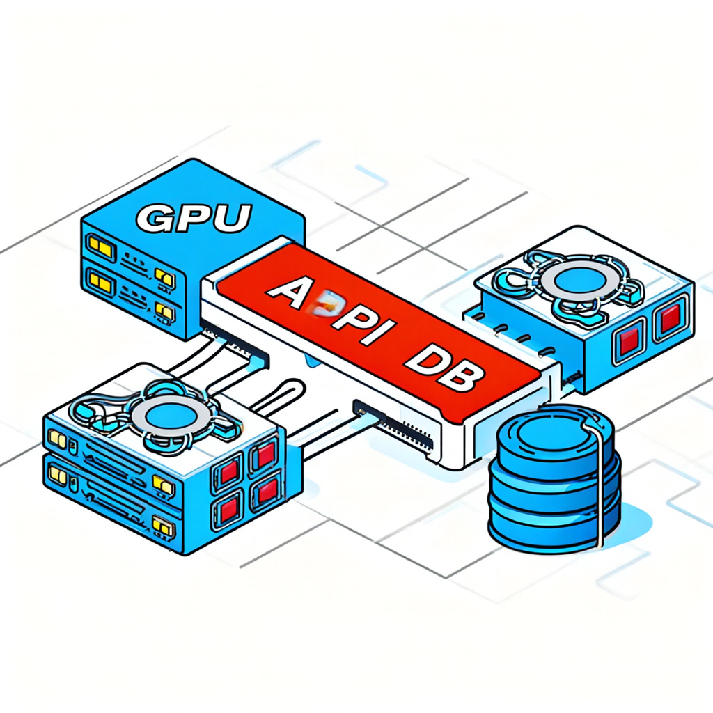 Isometric diagram of an API gateway with labels GPU API DB