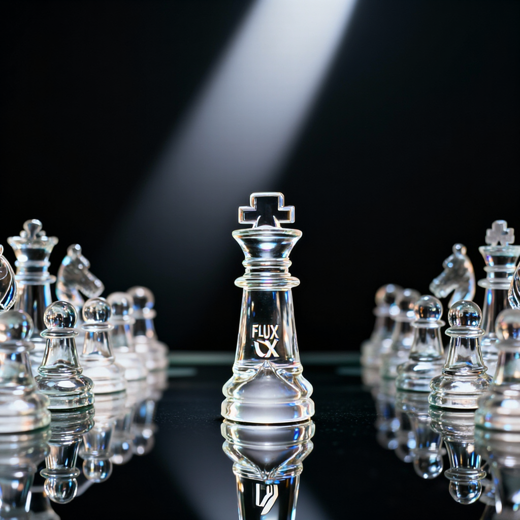 Glass chess set with engraved text on the king piece