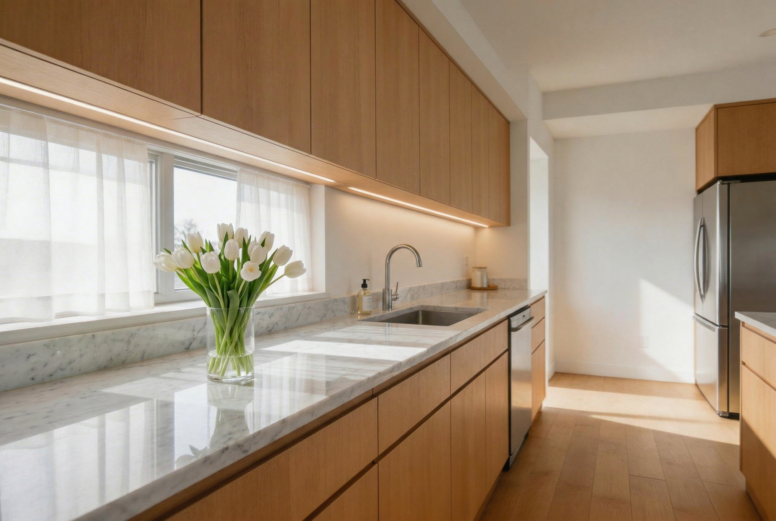Output image: kitchen counter edited to marble with vase of tulips