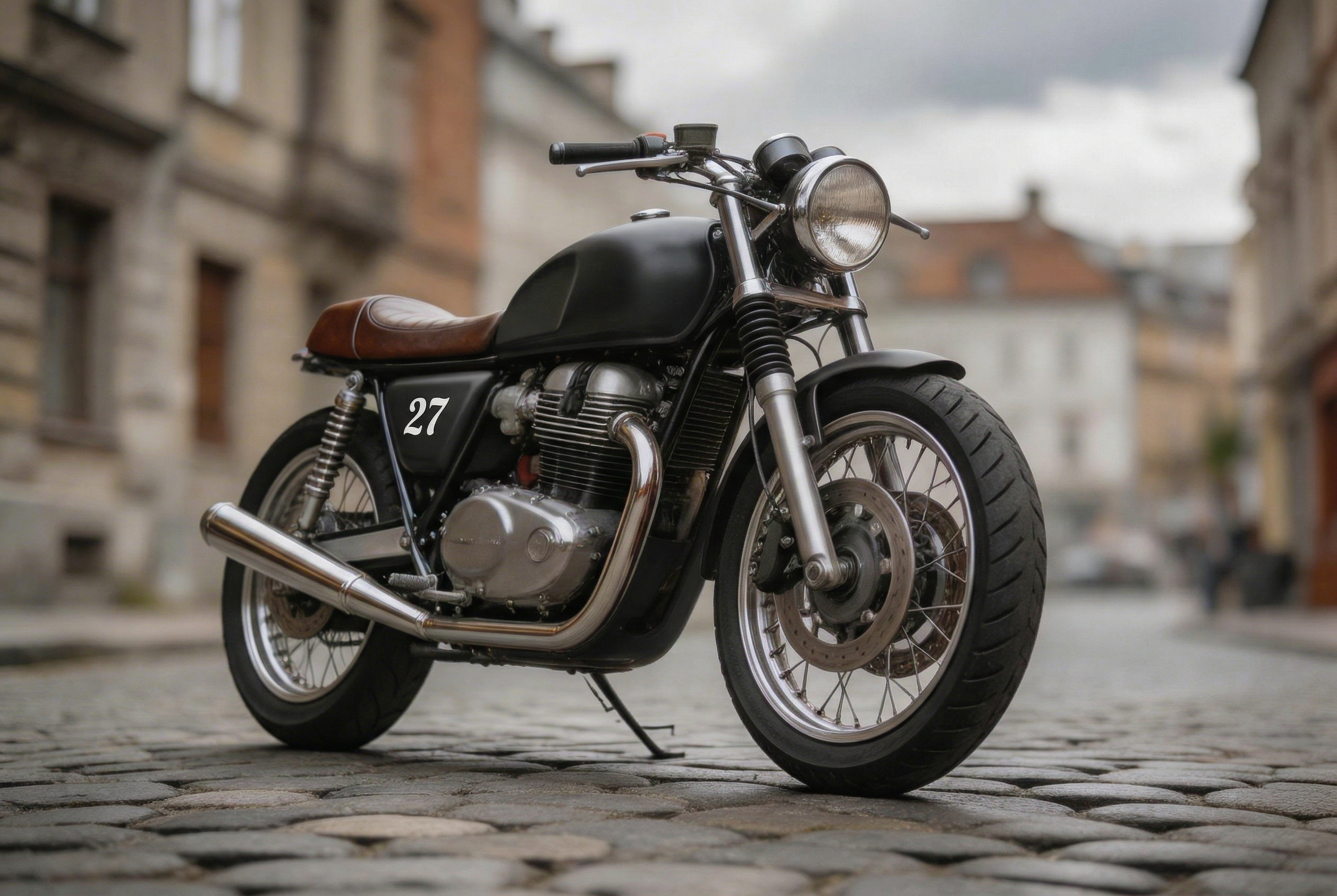 Output image: motorcycle recolored to matte black with number decal