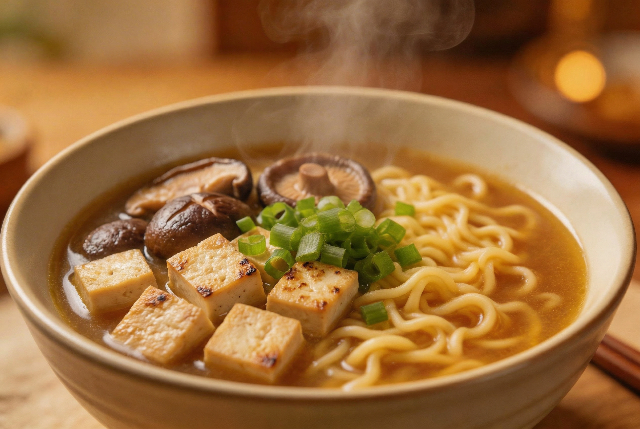 Output image: ramen bowl edited to tofu and mushrooms