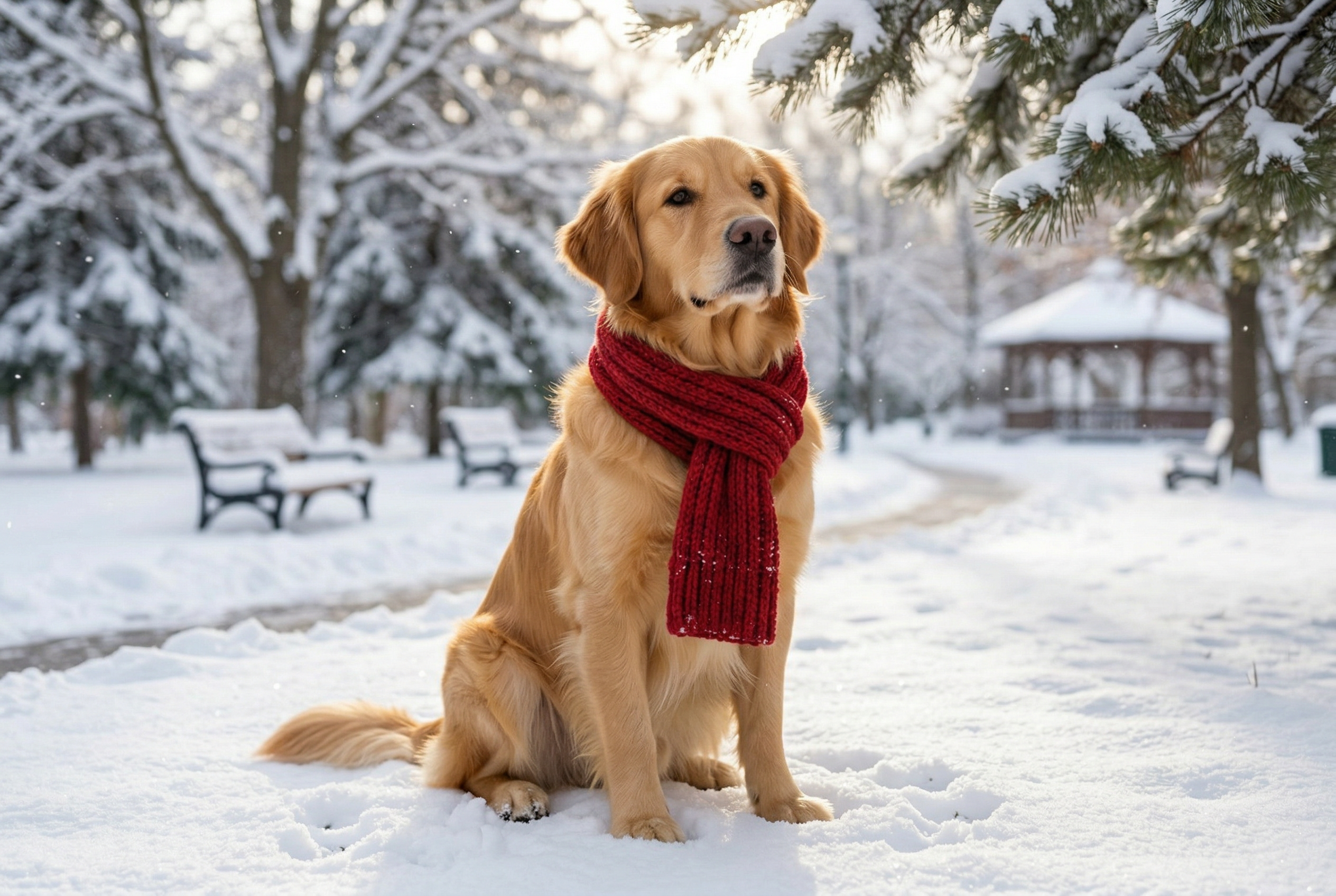 Output image: golden retriever moved to snowy scene with scarf