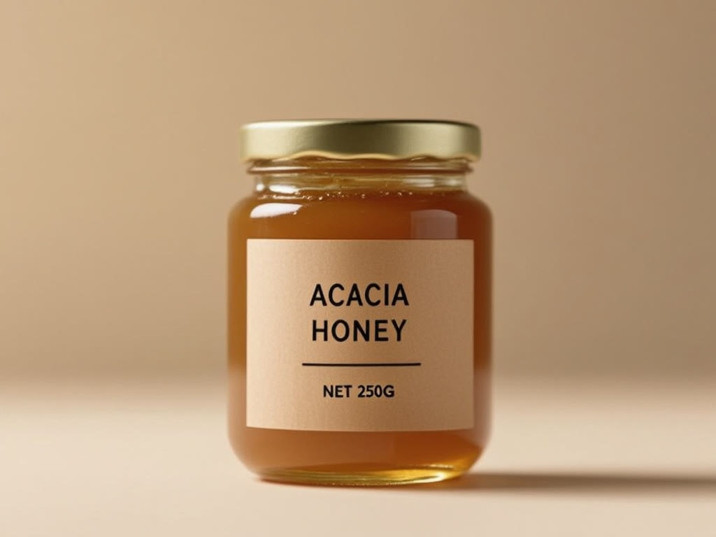 Ovis-Image output: honey jar with clear ACACIA HONEY label