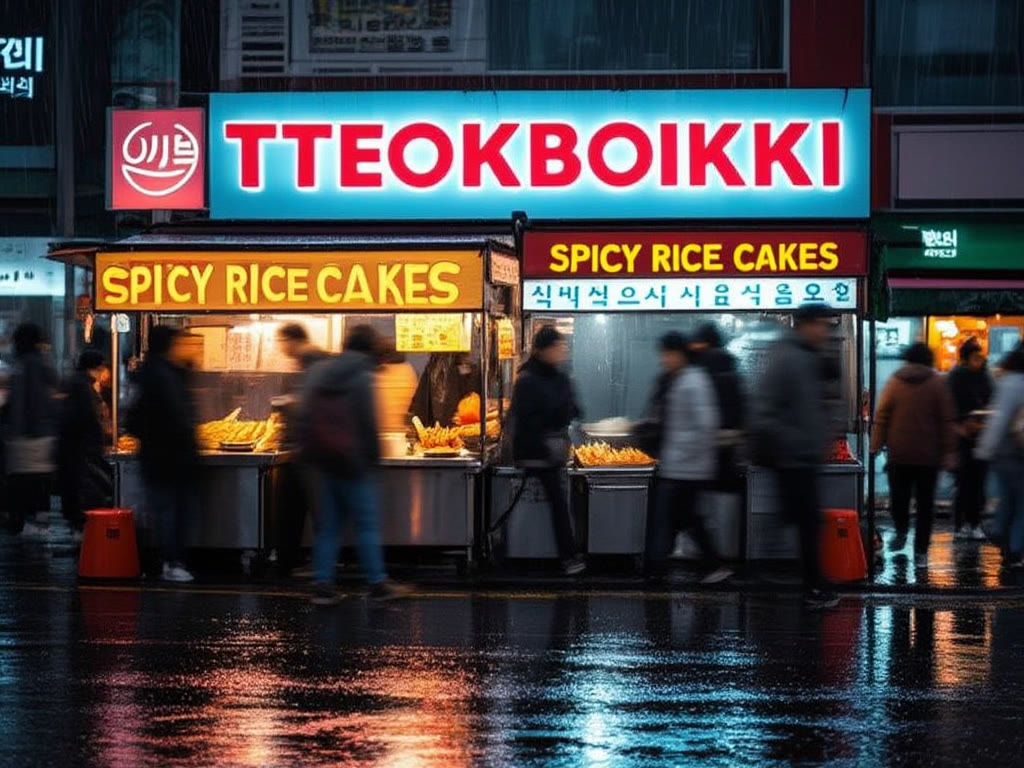 Ovis-Image output: neon tteokbokki stall