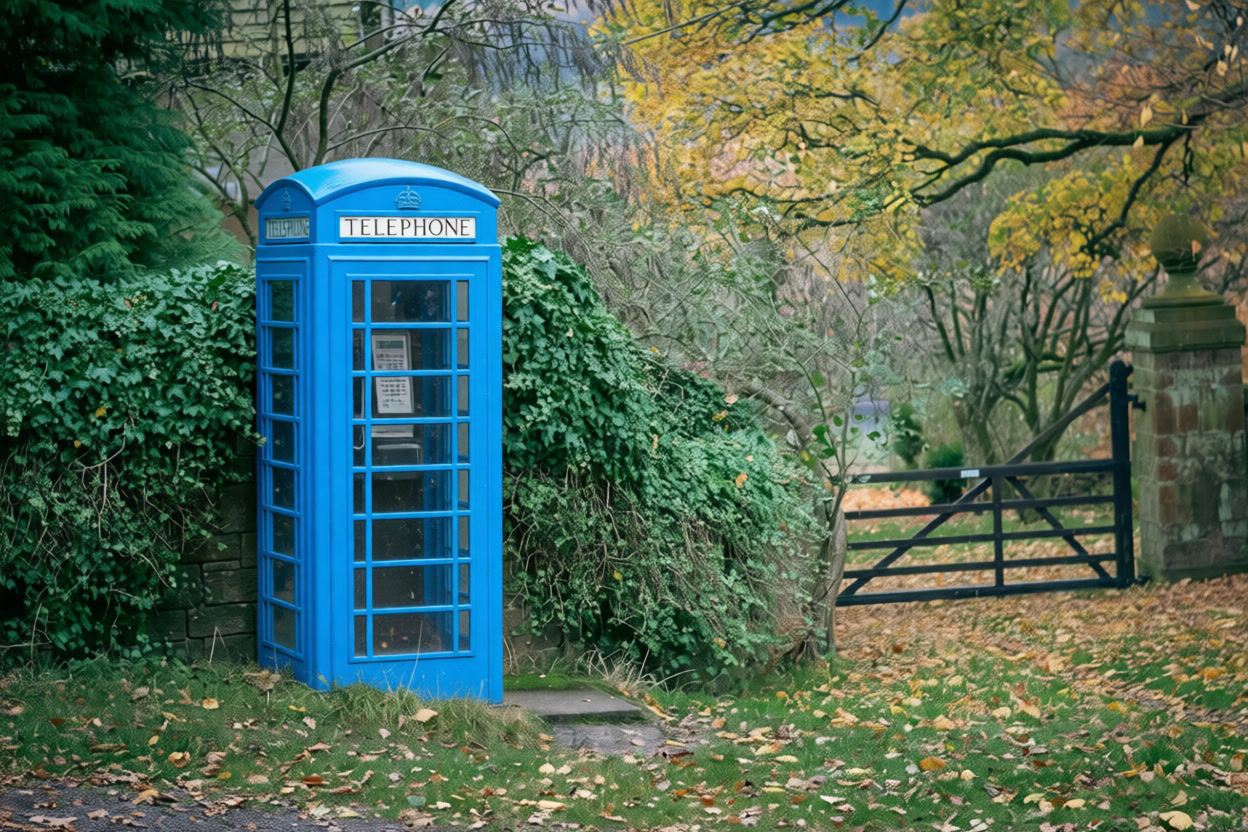 Edited photo with a bright blue phone booth (Pruna P-Image-Edit)