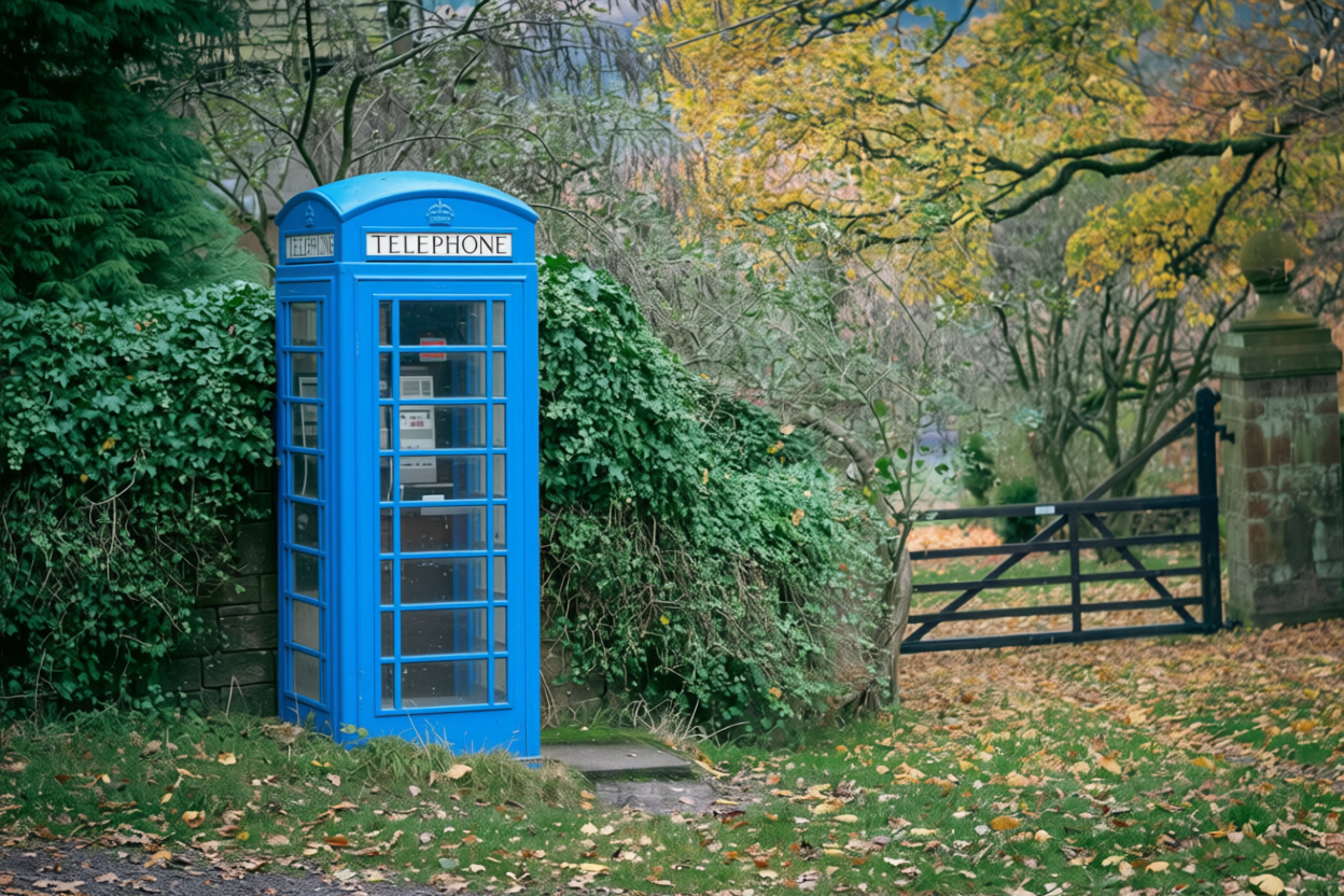 Edited photo with a bright blue phone booth (Qwen Image Edit Plus)