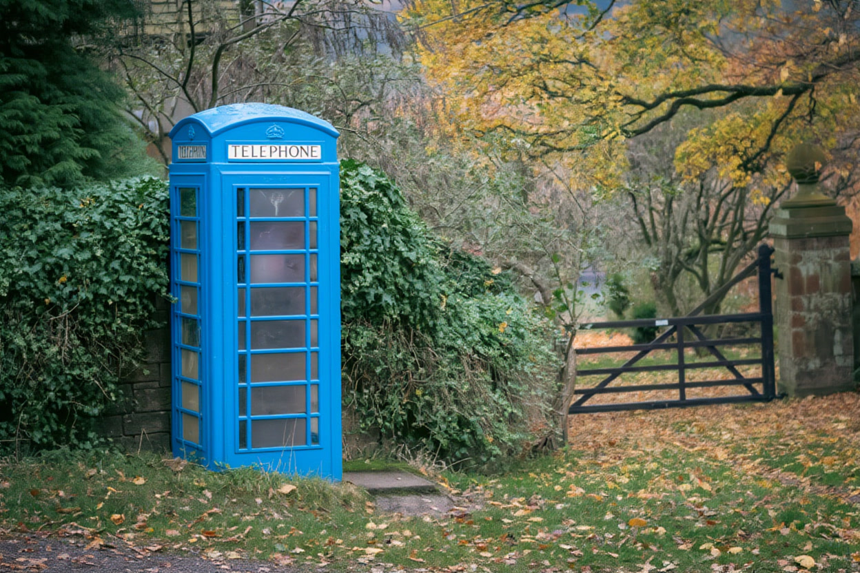 Edited photo with a bright blue phone booth (Reve Edit Fast)
