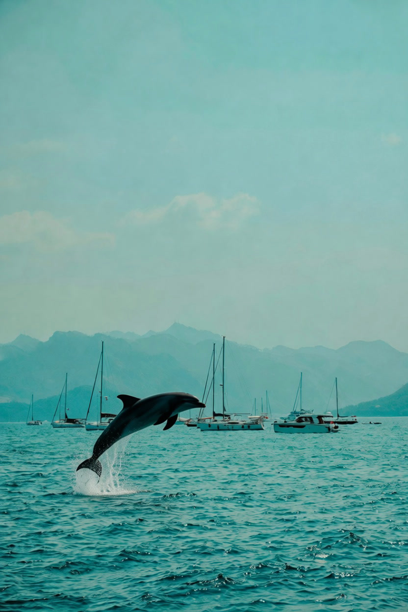Seascape with an added jumping dolphin (Pruna P-Image-Edit)
