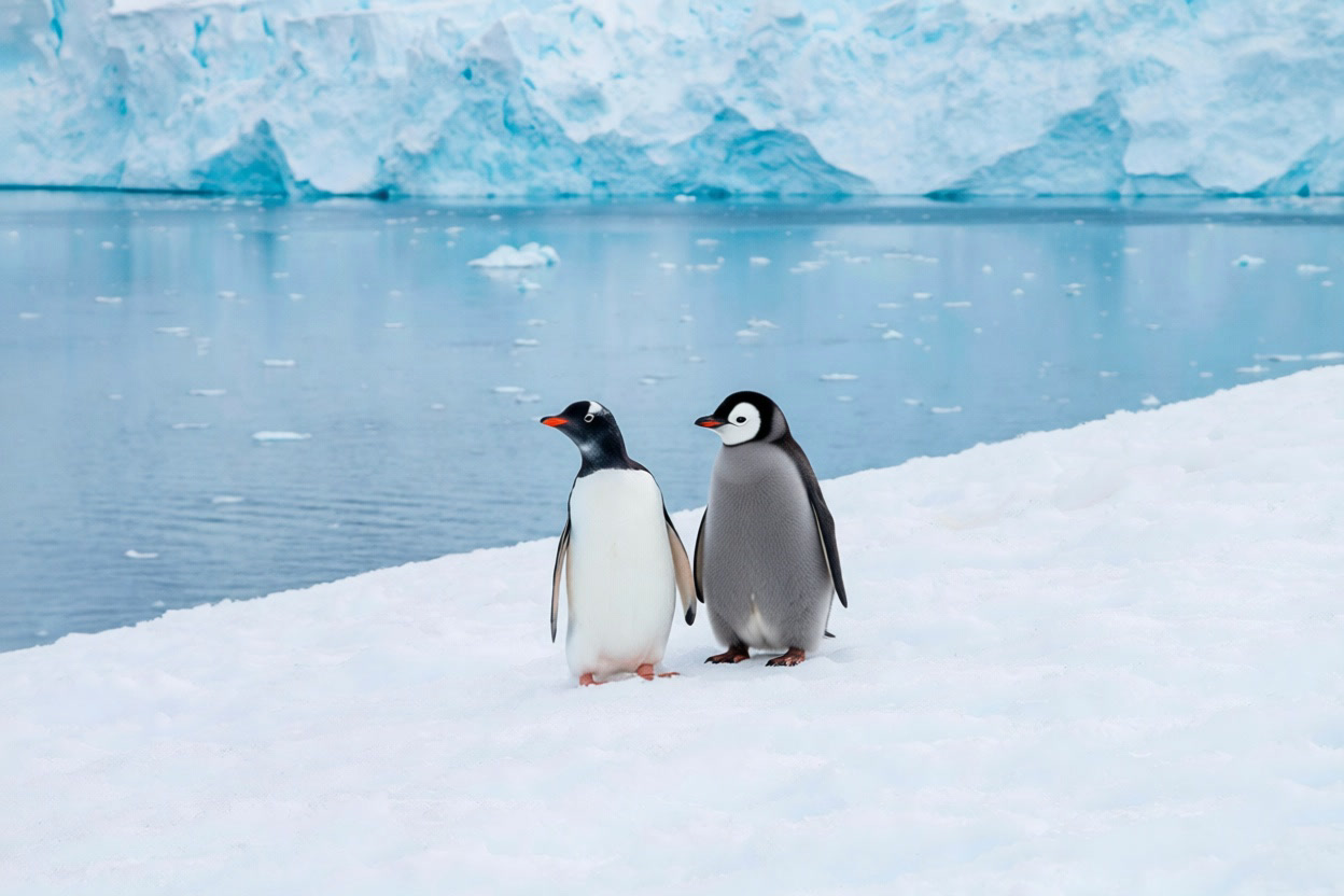 Two penguins standing together on snow (Pruna P-Image-Edit)