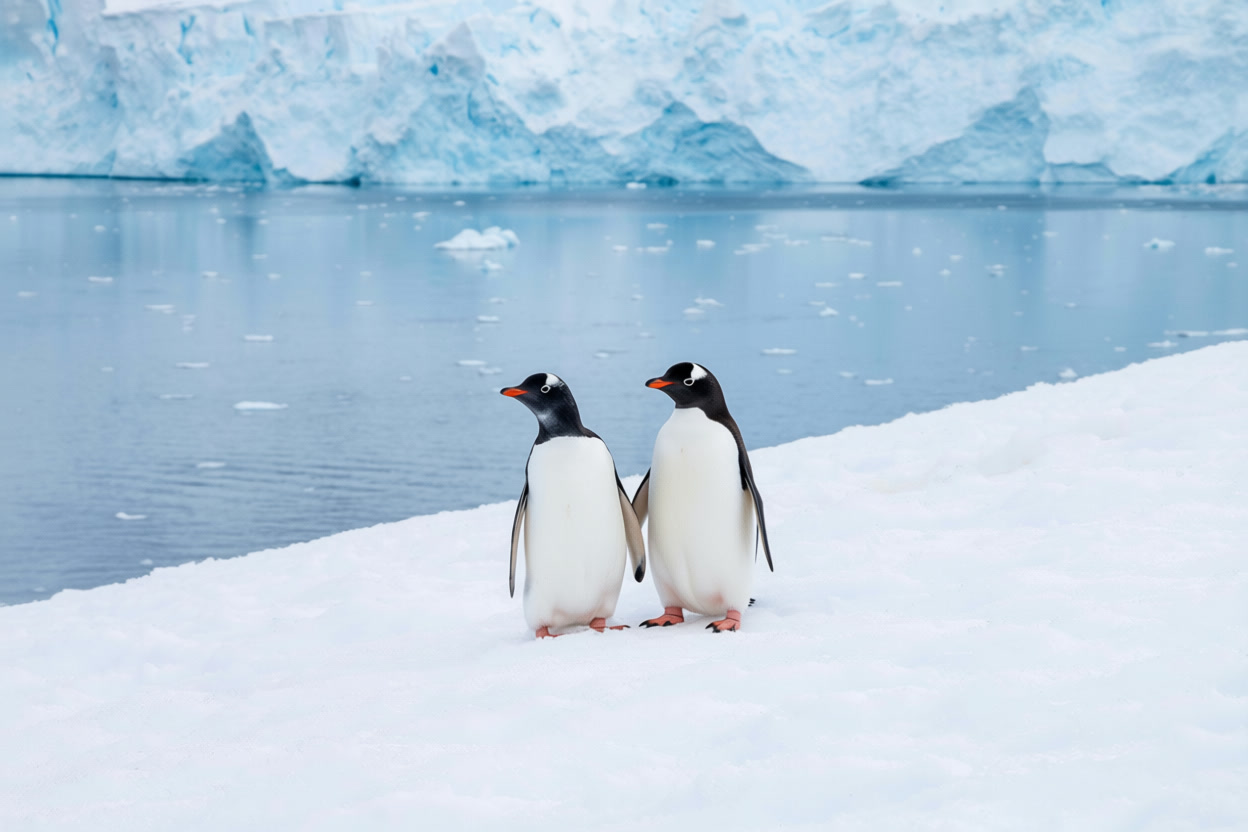 Two penguins standing together on snow (Qwen Image Edit Plus)