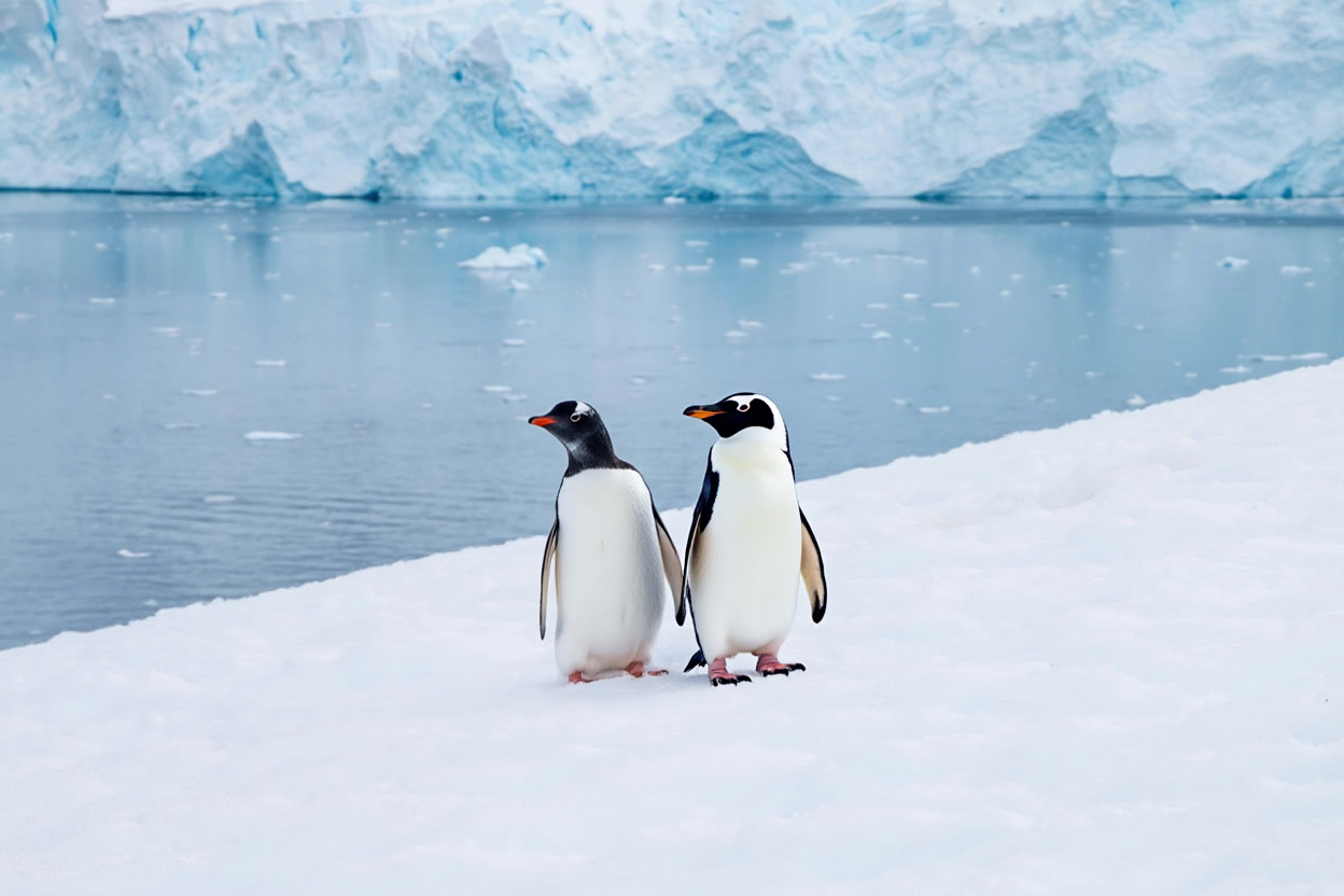 Two penguins standing together on snow (Reve Edit Fast)