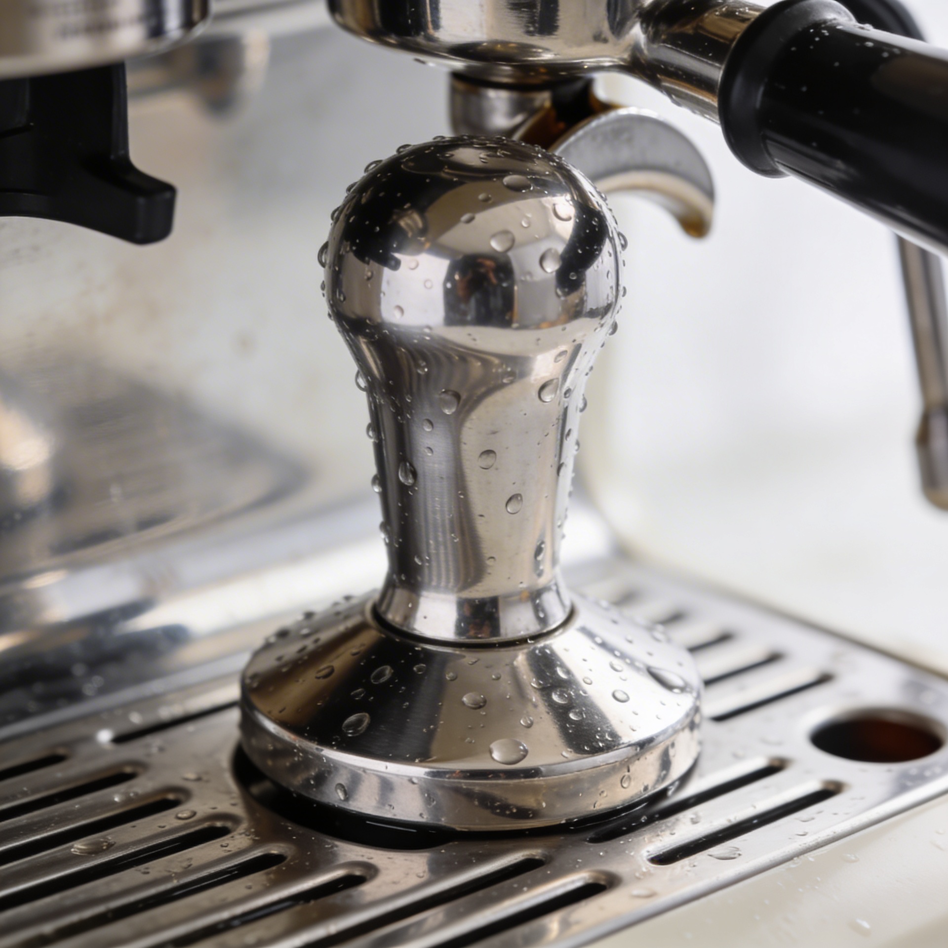 Seedream 4.5 product photo output of a metal espresso knob with droplets