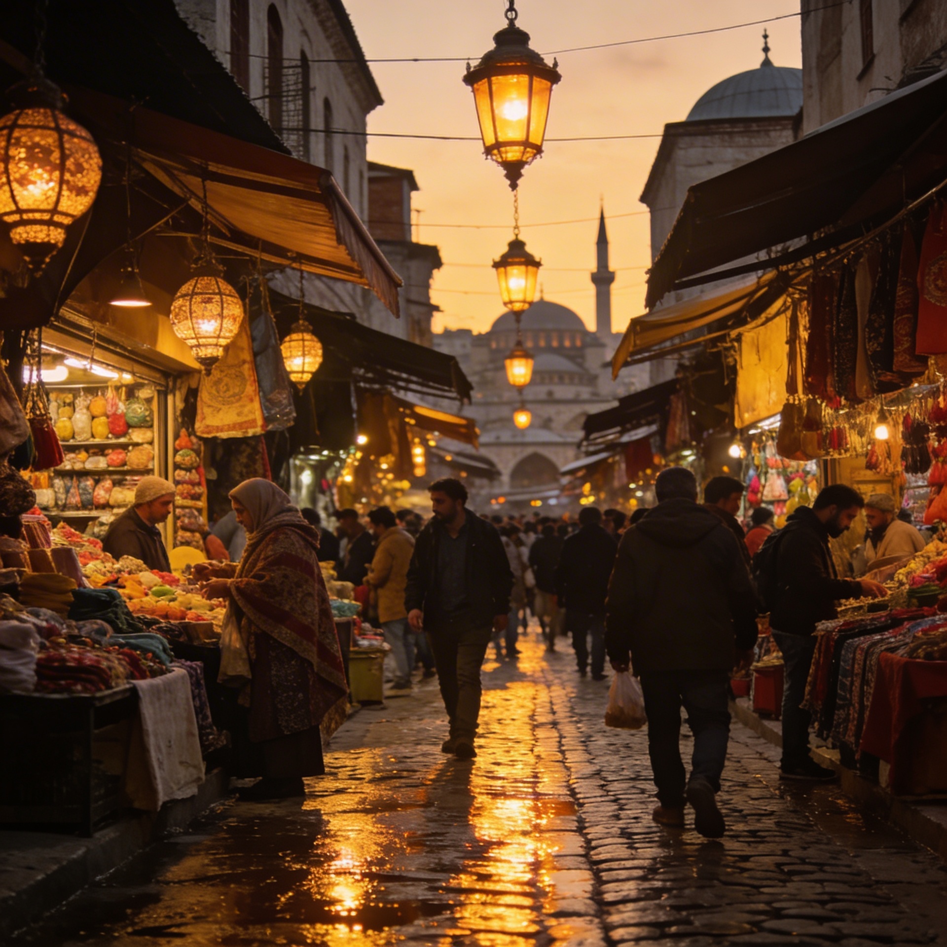 Seedream 4.5 output of a crowded Istanbul bazaar scene at dusk