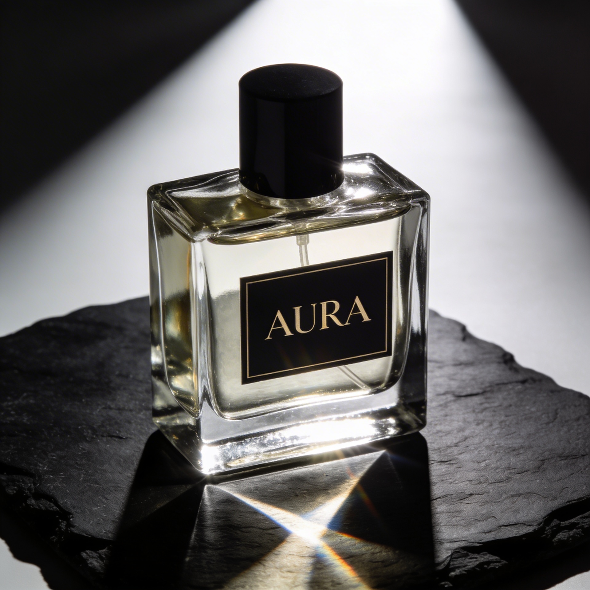 Seedream 4.5 output of a glass perfume bottle on black slate