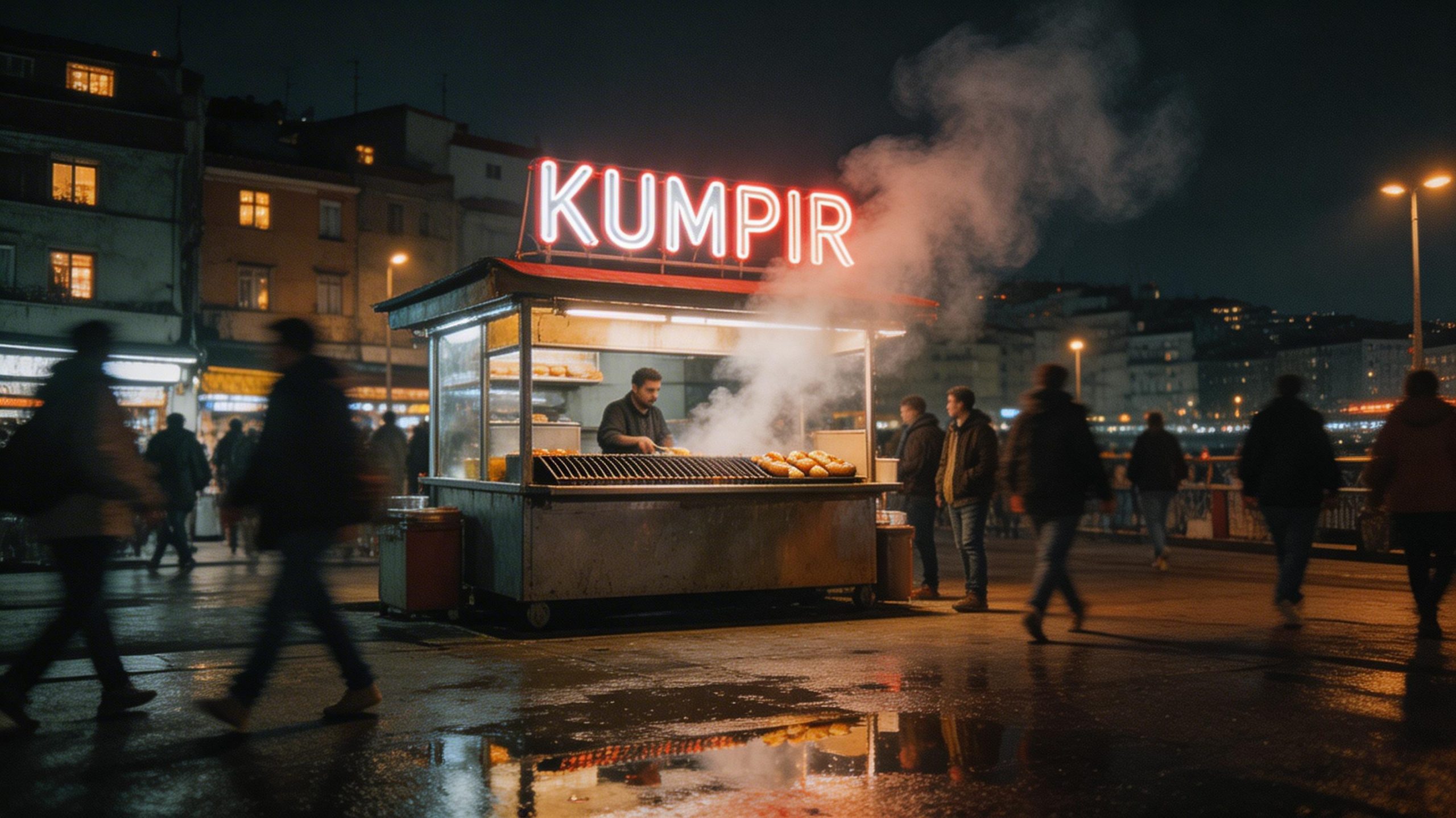 Seedream V5 Lite night street food stall scene with neon Turkish text