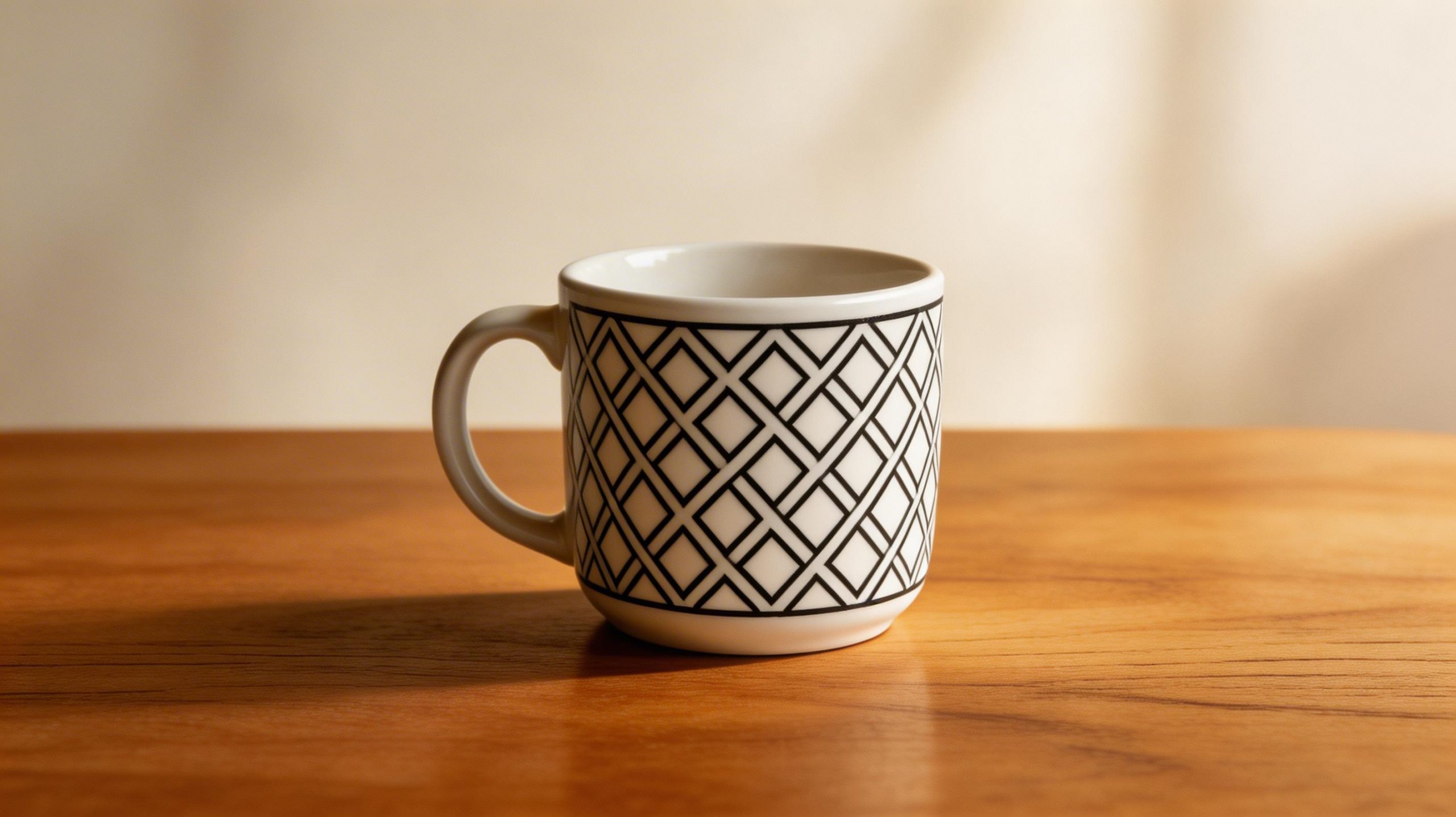 Seedream V5 Lite edited mug with geometric pattern and warm wooden background
