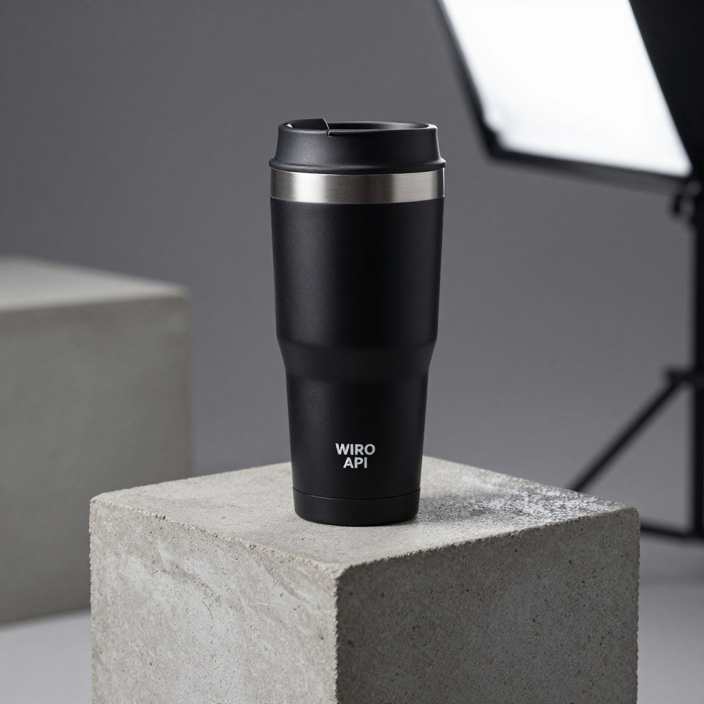 Pruna P-Image studio travel mug with WIRO API text