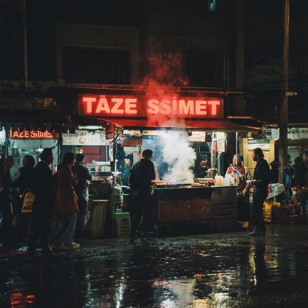 Seedream v3 Istanbul street food stall with neon sign