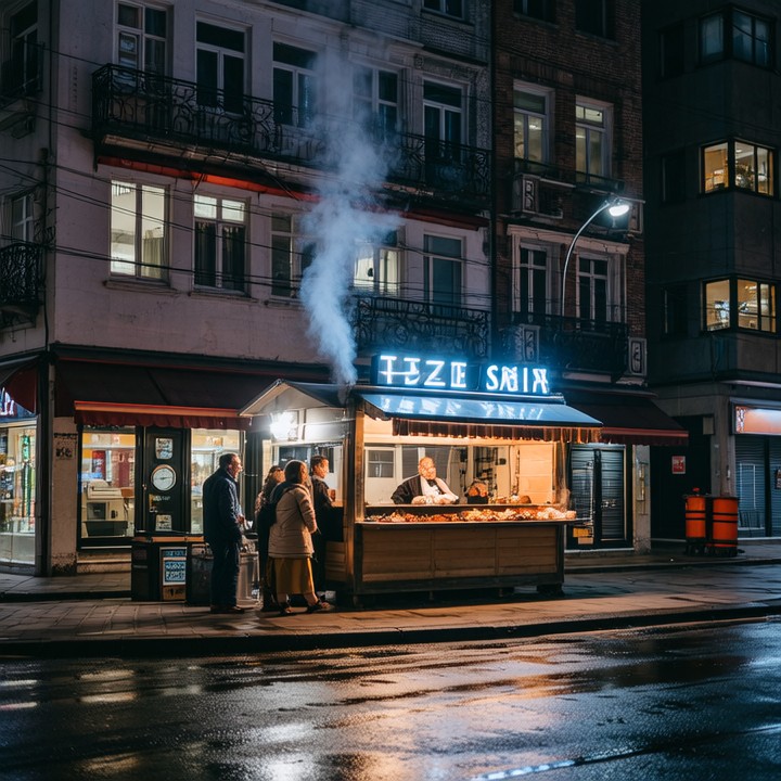 Wan Image Small Istanbul street food stall with neon sign