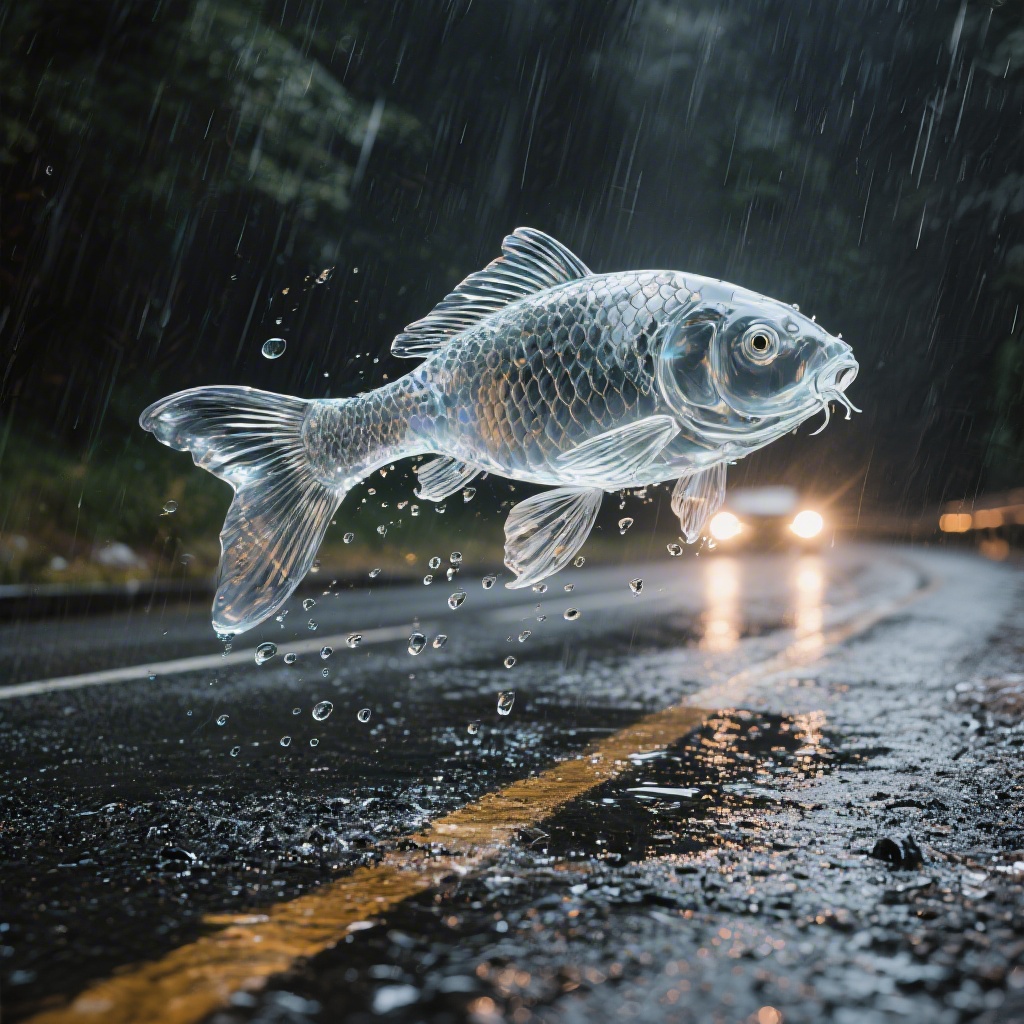 Seedream v3 glass koi above wet asphalt road