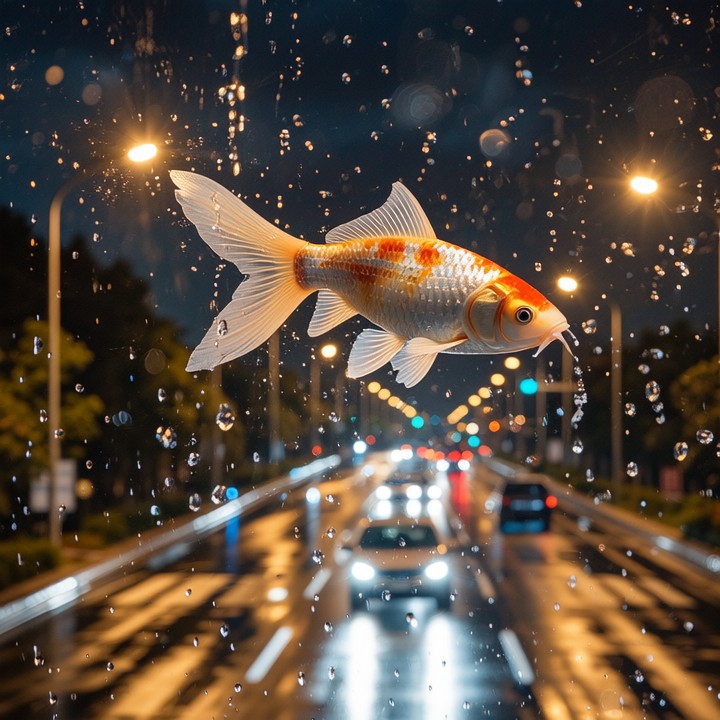 Wan Image Small surreal koi with wet street lights