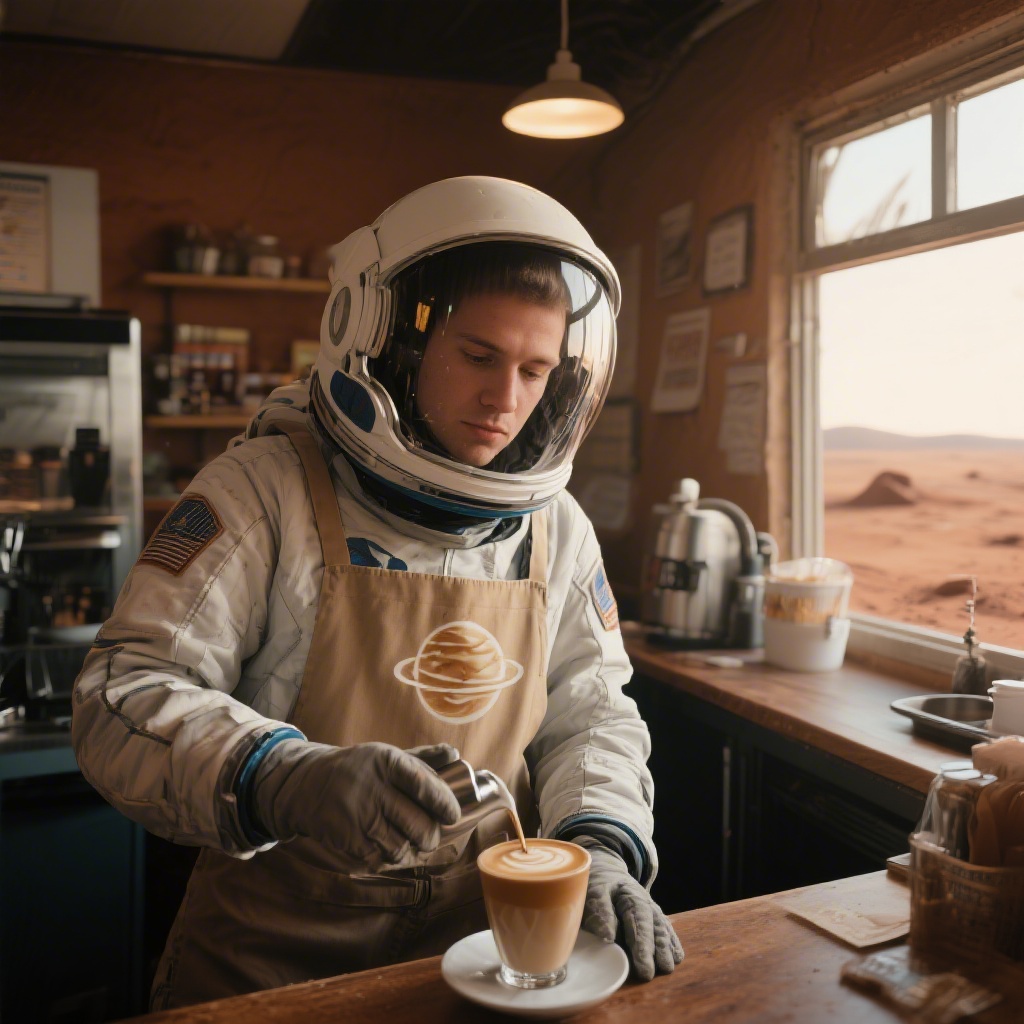 Seedream v3 astronaut barista with apron and latte art