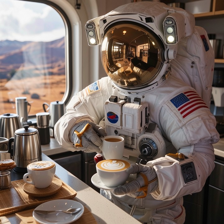 Wan Image Small astronaut barista in Mars cafe