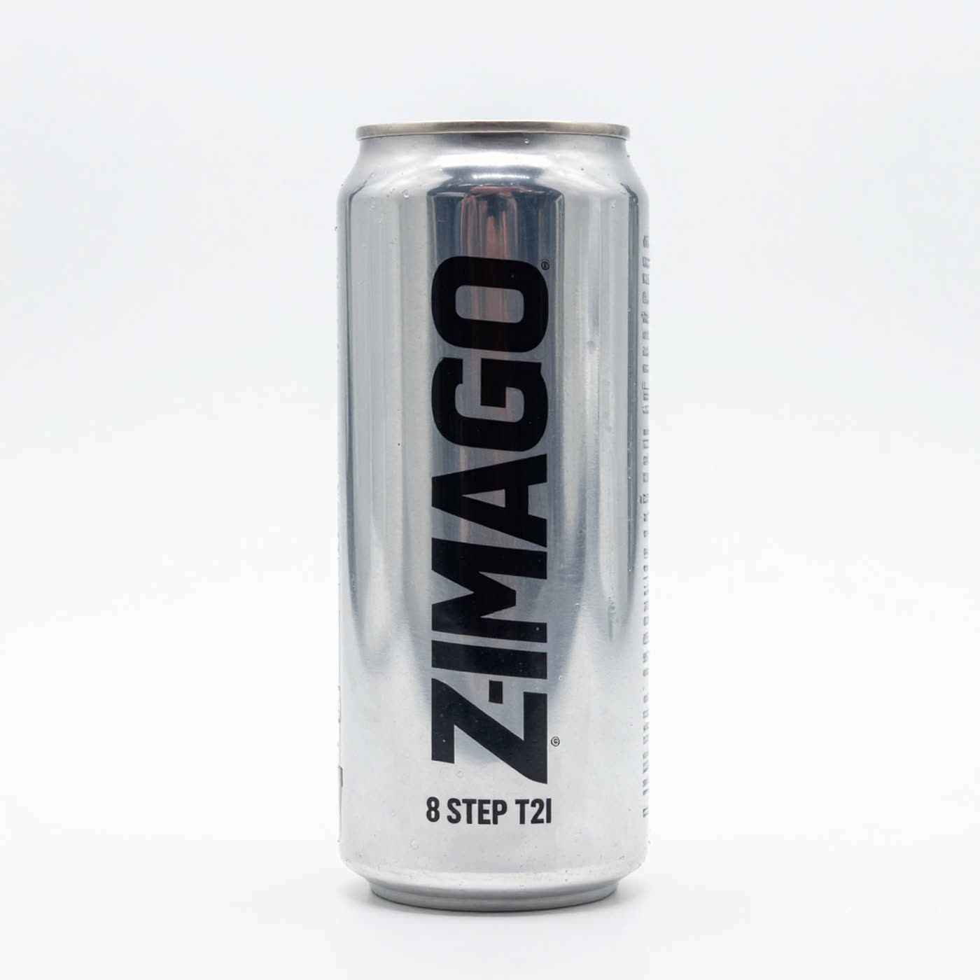 Studio product photo of a silver can with ZIMAGO and 8 STEP T2I label text