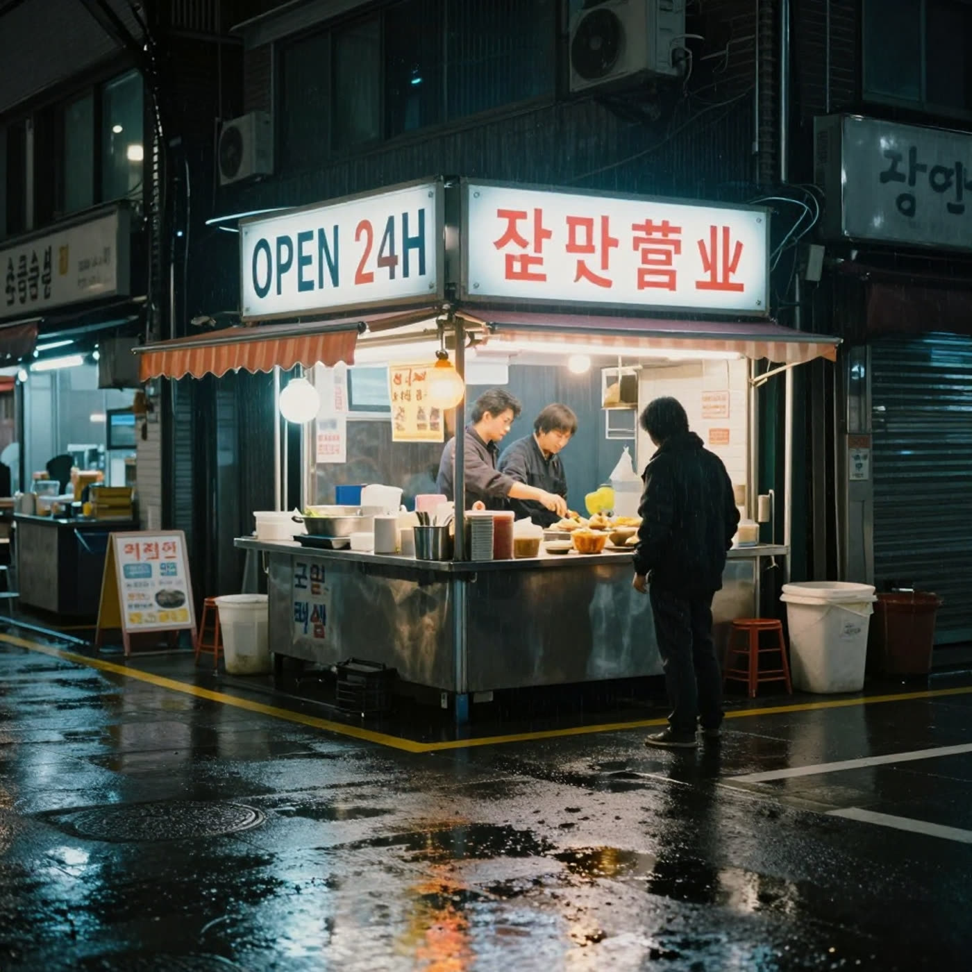 Rainy night street food stall with OPEN 24H neon sign and extra garbled characters
